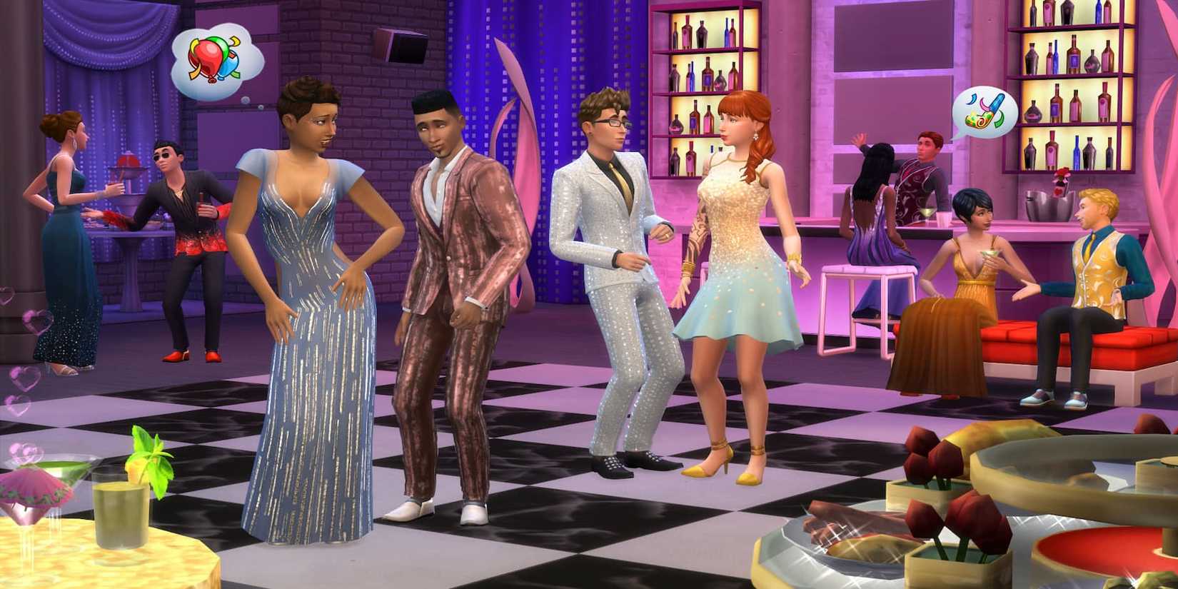 A group of Sims dancing in a brightly lit club