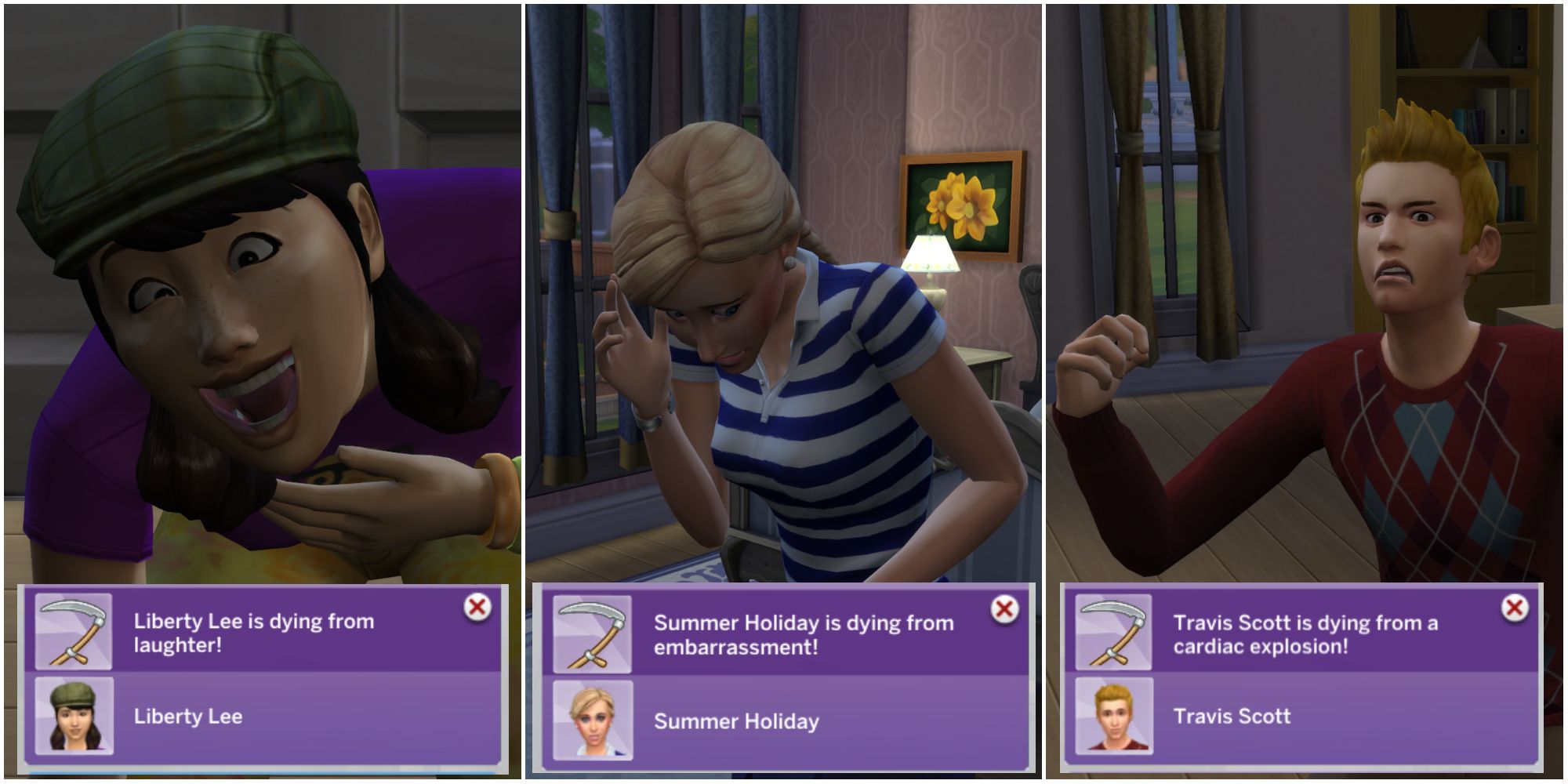Three Sims dying of the different emotional deaths in the game: death from laughter, death from embarrassment, and death from cardiac explosion