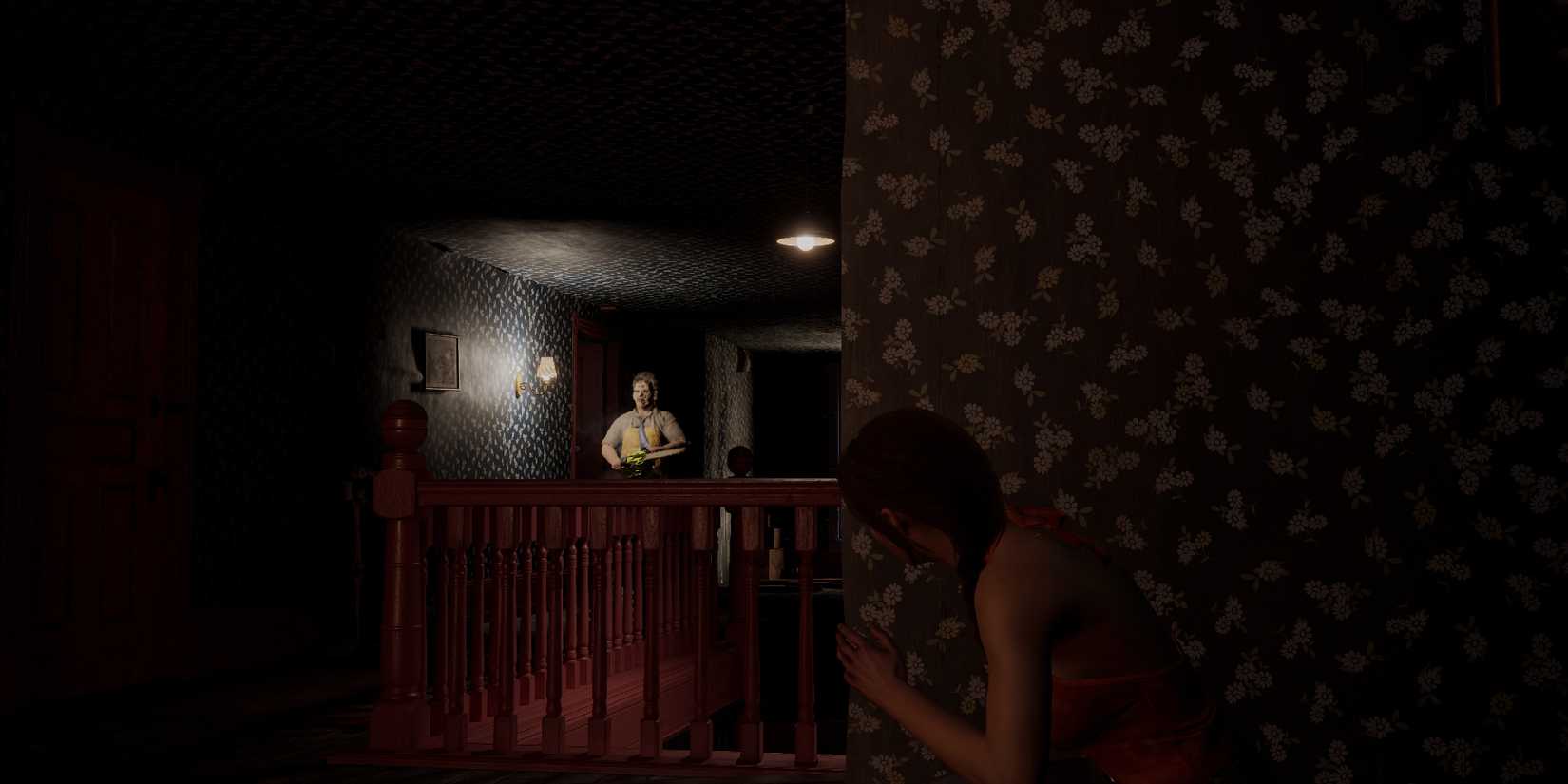 A character hiding from Leatherface in The Texas Chain Saw Massacre