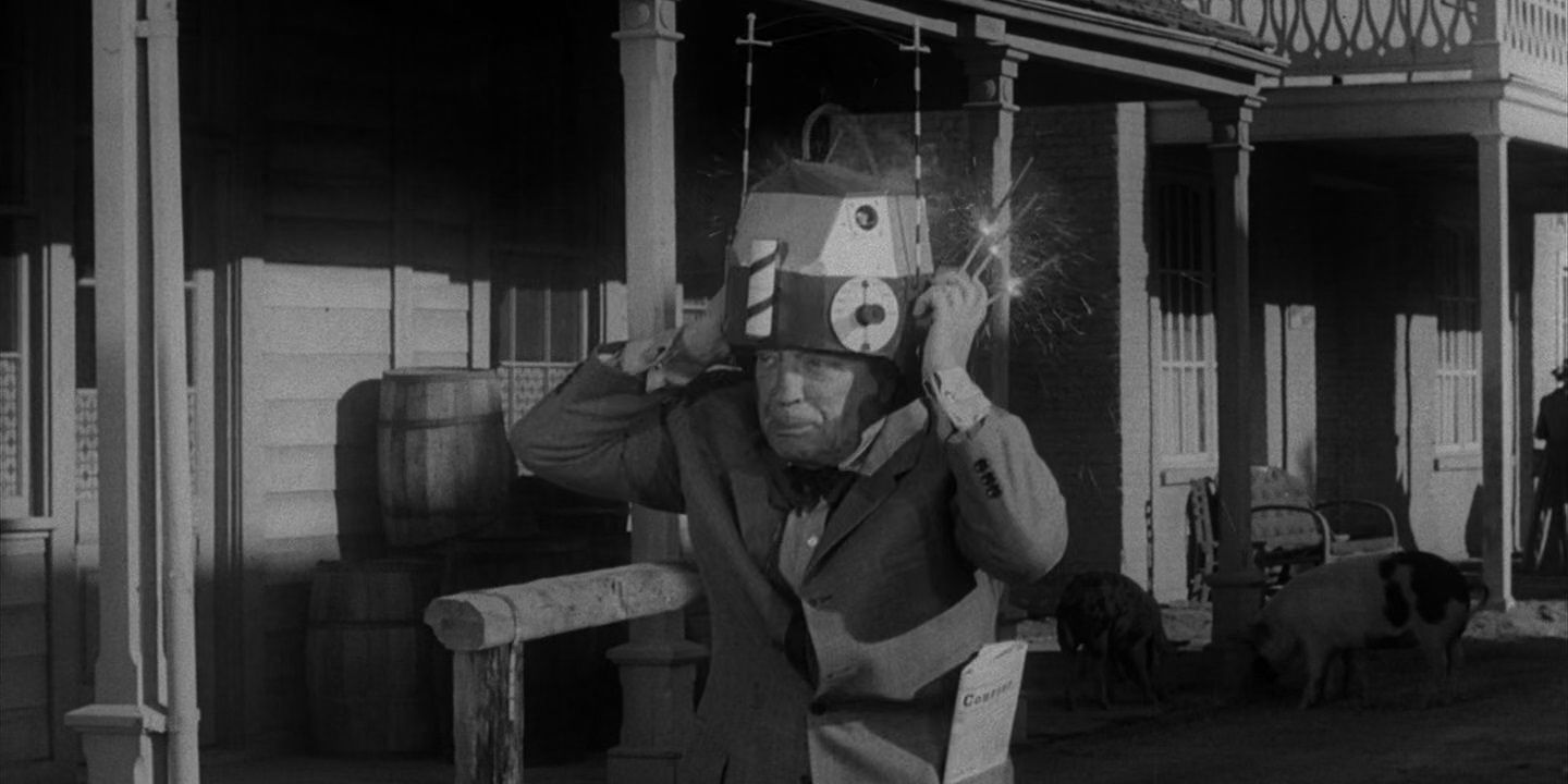 Mulligan tests out the tine helmet in The Twilight Zone's "Once Upon A Time".