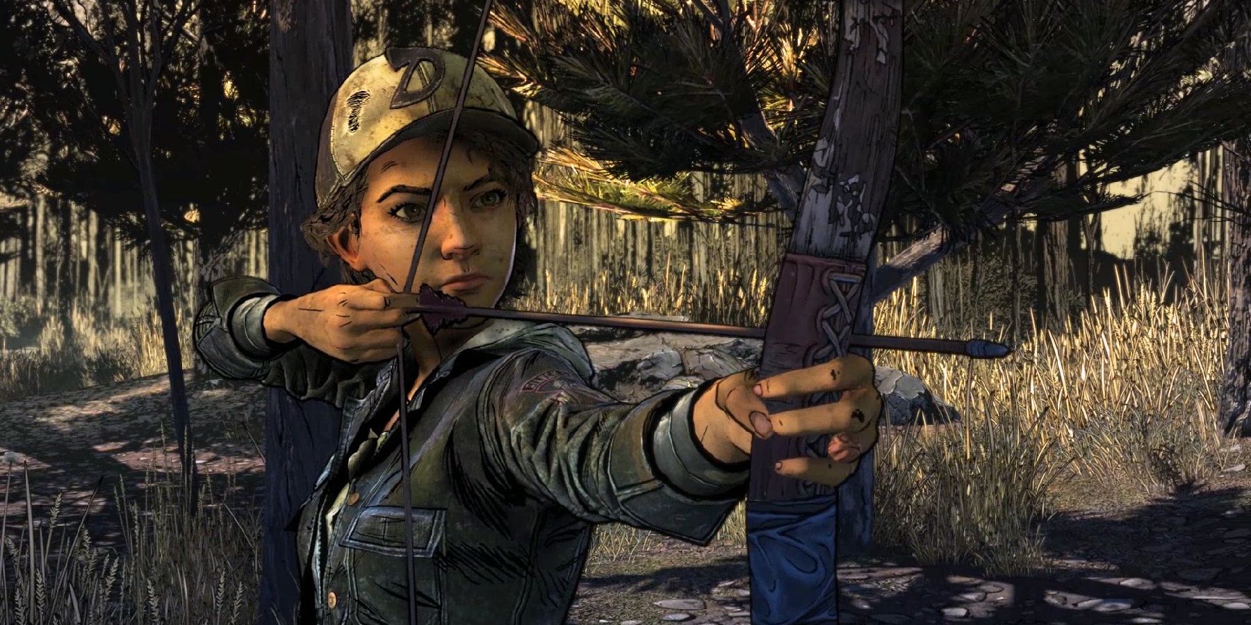 Clementine aiming a bow in Telltale's The Walking Dead