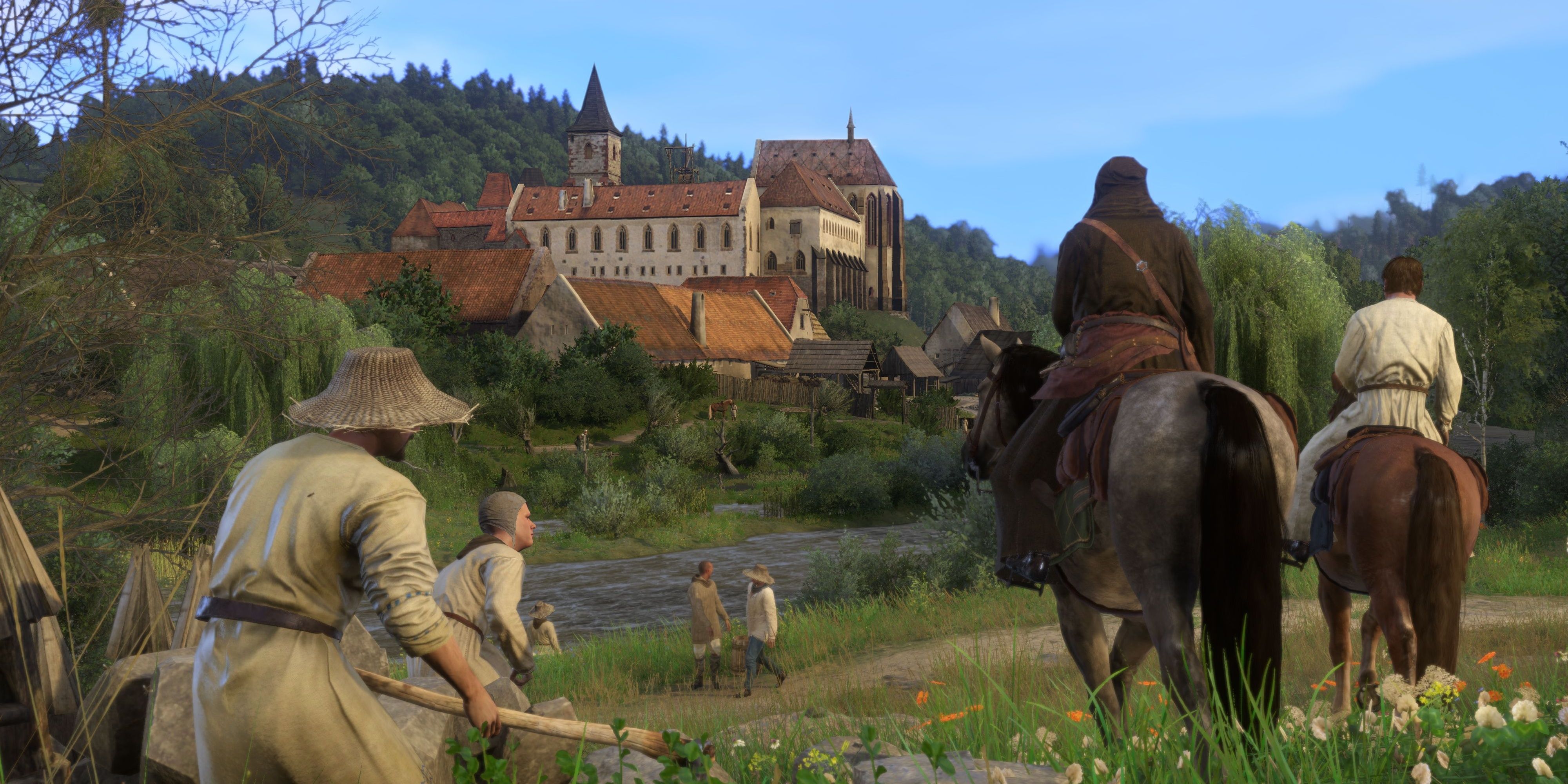 KCD NPCs Working In The Fields & On Horses With A Town In The Distance