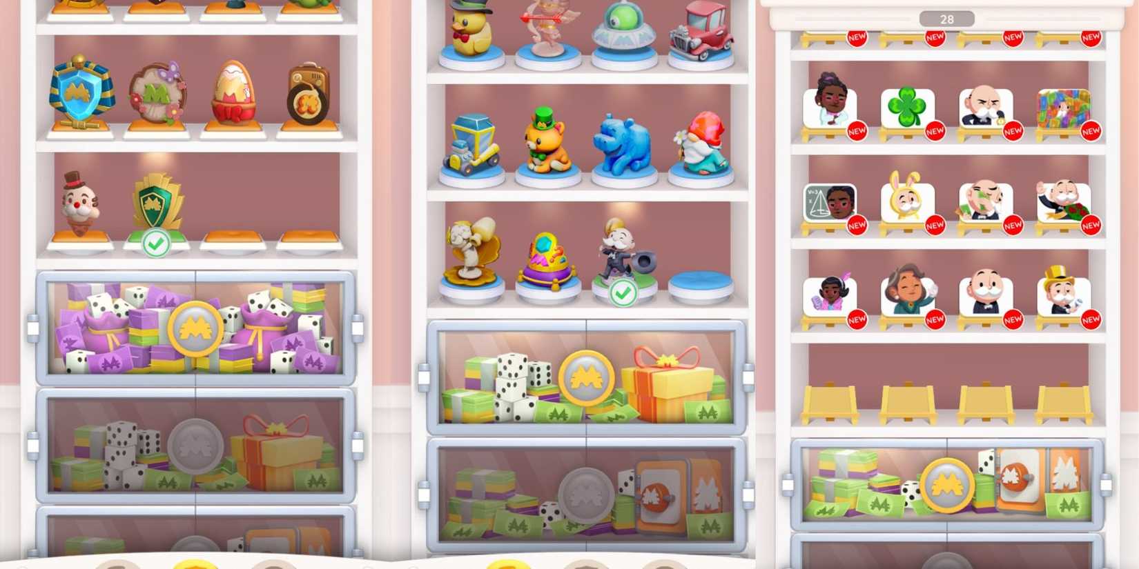 Token, Sheild and Emoji Shelves in Monopoly GO