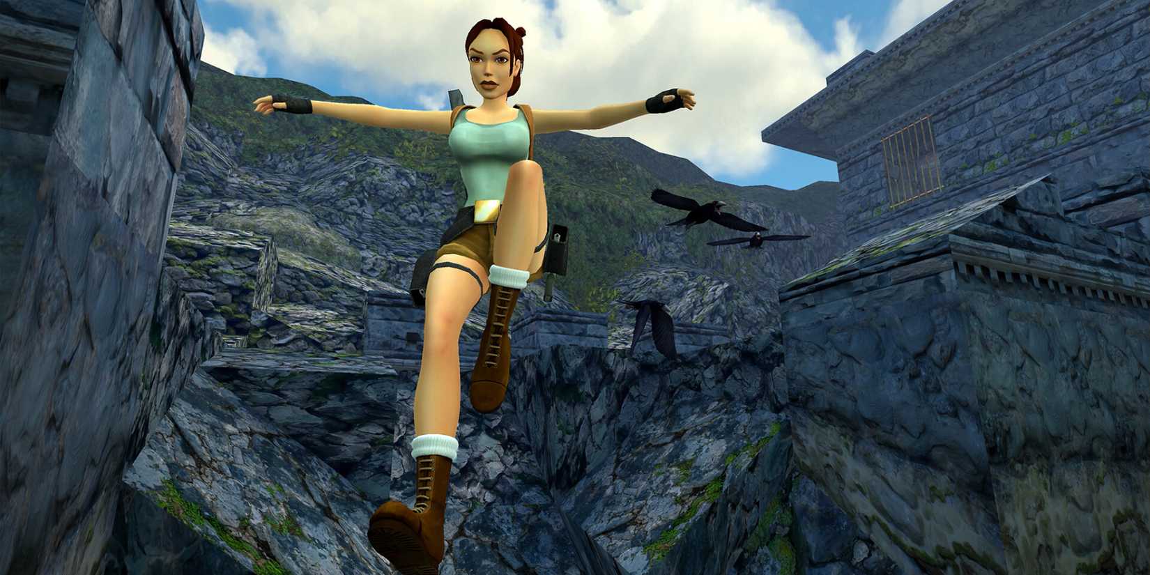 Lara Croft dropping down a cliff in Tomb Raider 2.