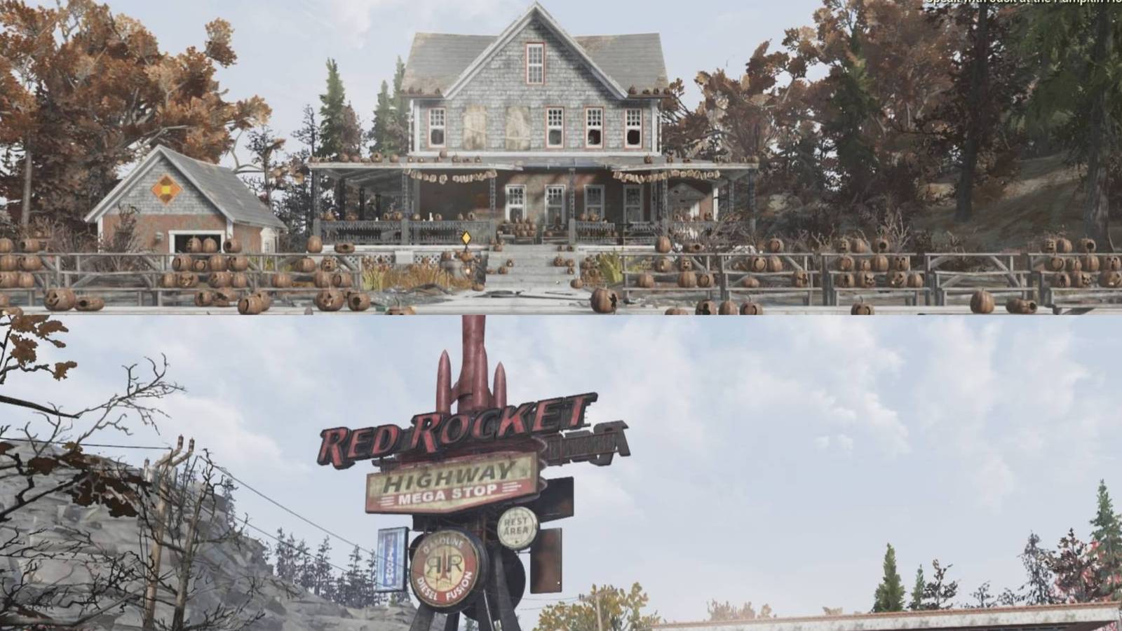 A split image of different locations in Fallout 76