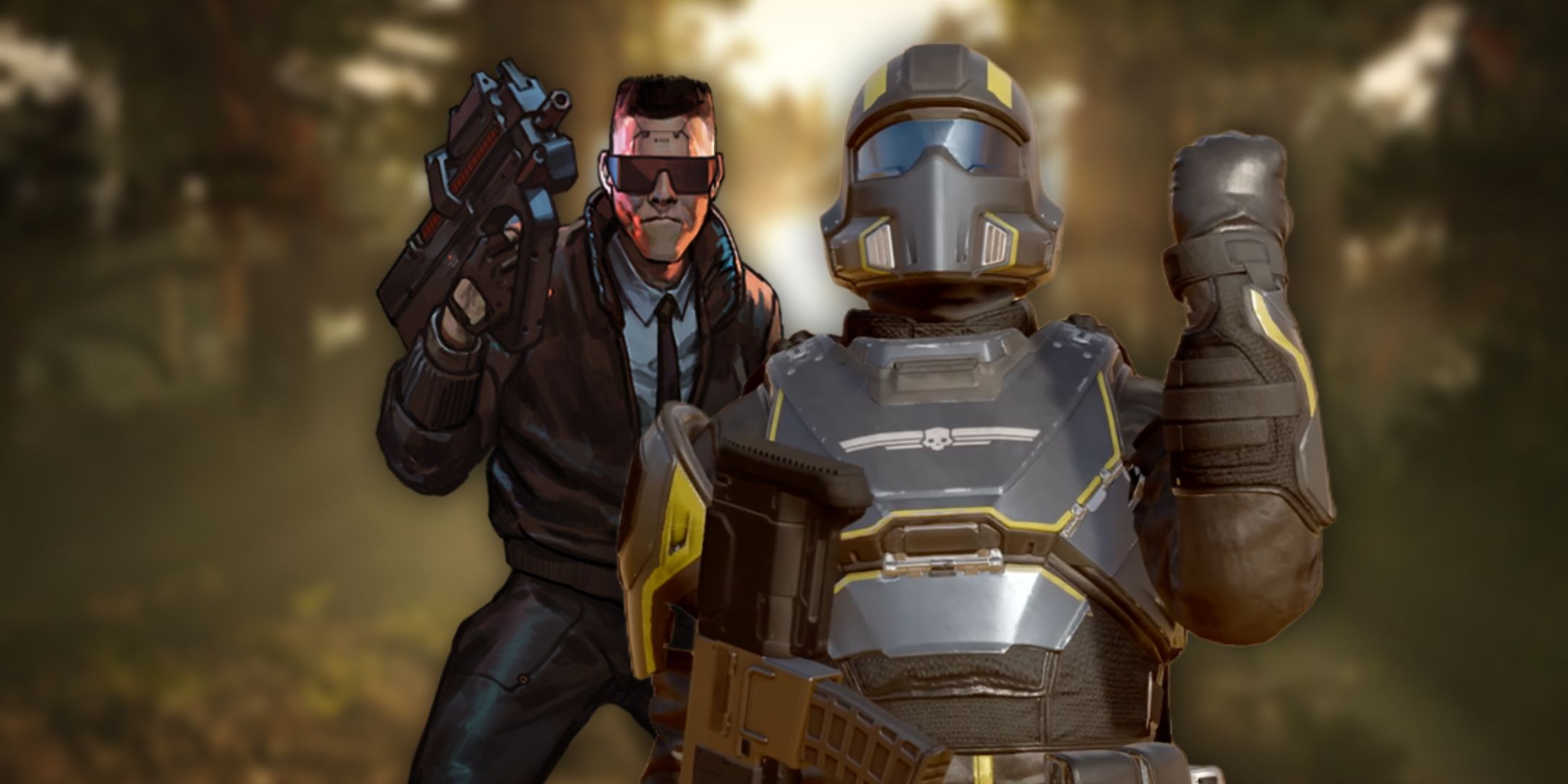 Lead Characters of Helldivers and Ruiner stand in front of a blurred out forest