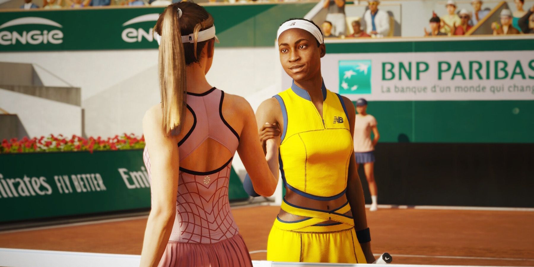 TopSpin 2K25 Coco Gauff yellow New Balance NB kit net handshake with blonde player at clay court