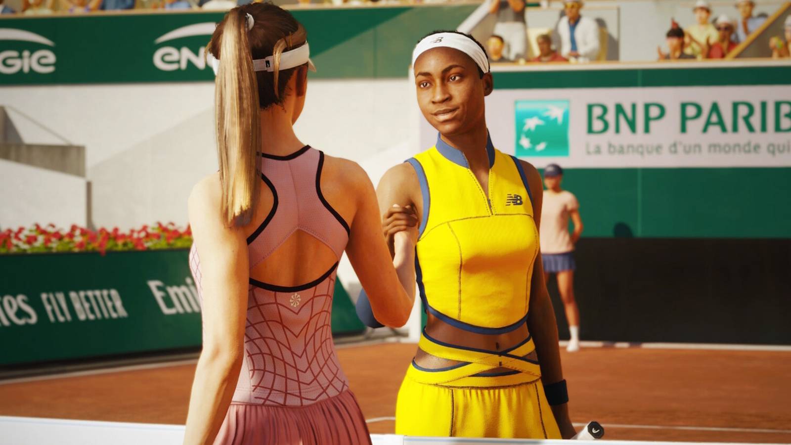 TopSpin 2K25 Coco Gauff yellow New Balance NB kit net handshake with blonde player at clay court
