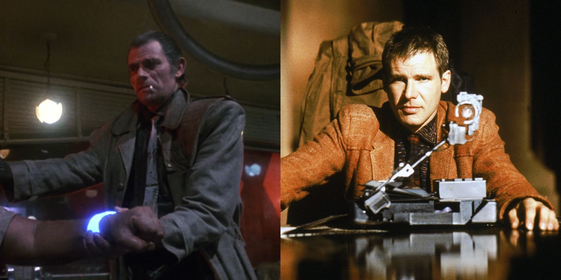 Split image of Tim Thomerson in Blade Runner and Harrison Ford in Blade Runner