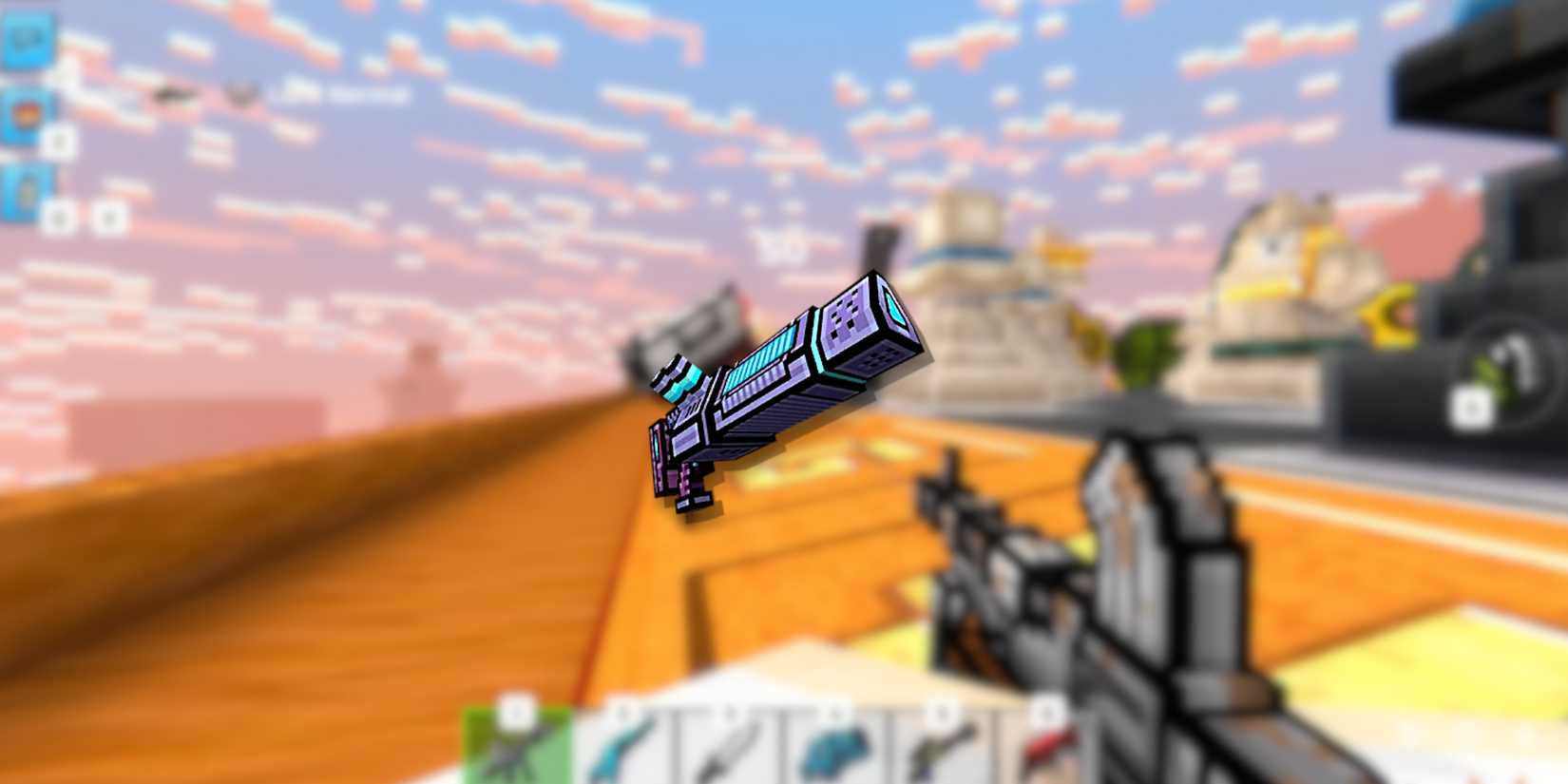 Image of the Ultimatum weapon in the foreground from Pixel Gun 3D