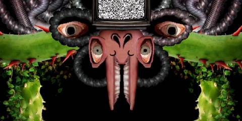 A horrific monster with vines coming from either side and four eyes with a tv playing static on its head