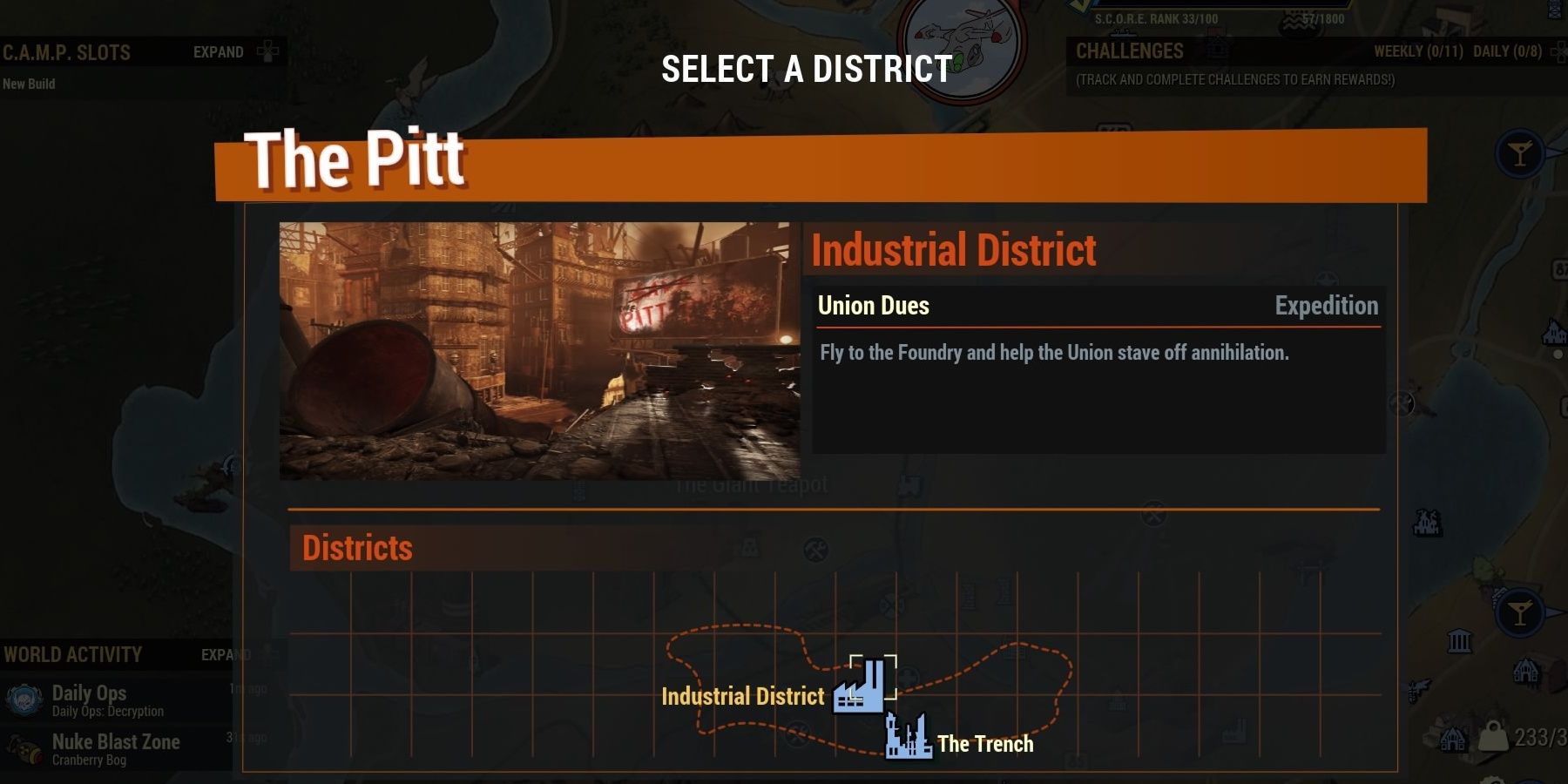 Fallout 76 Union Dues on the Select A District menu