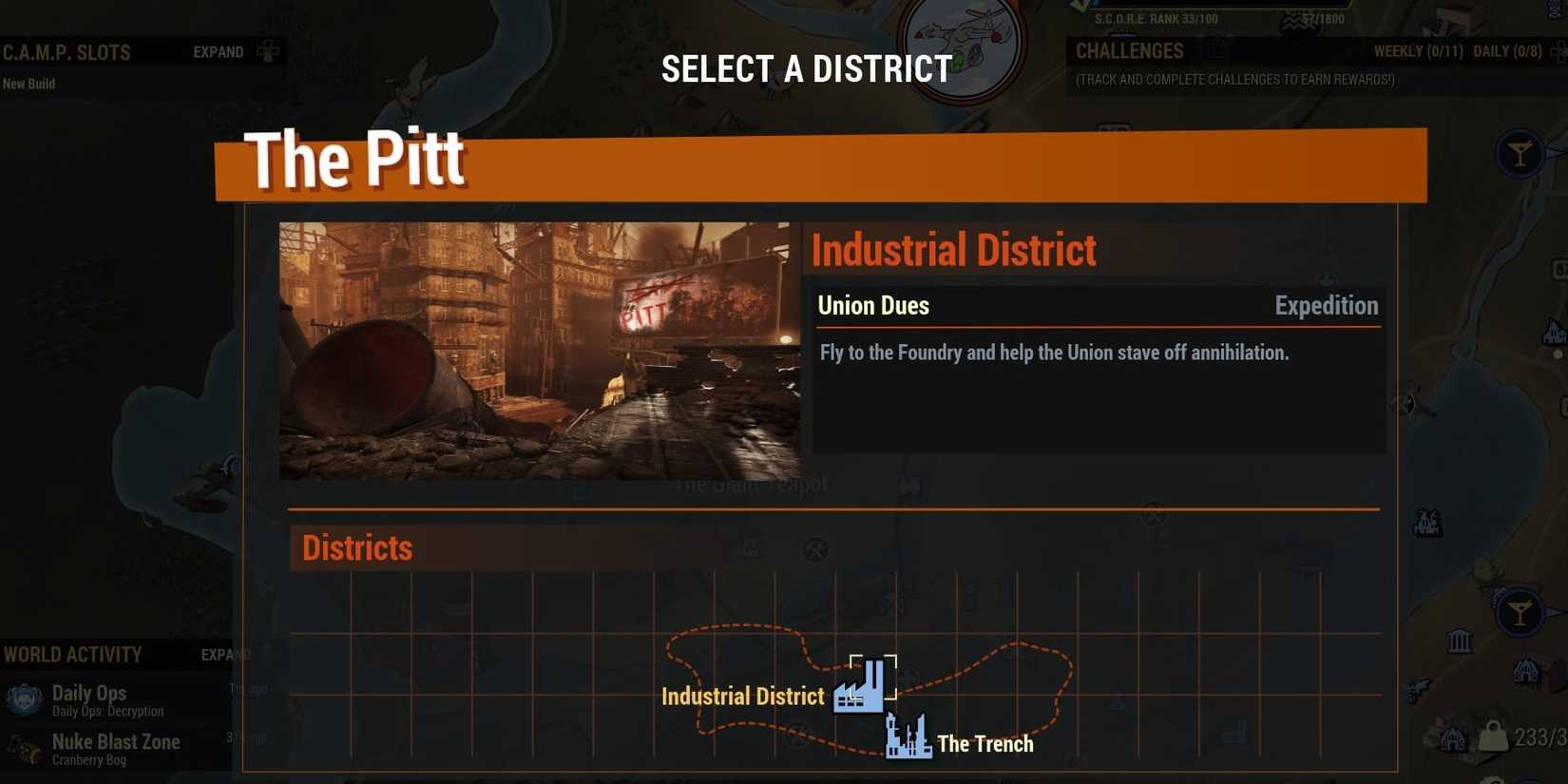 Fallout 76 Union Dues on the Select A District menu