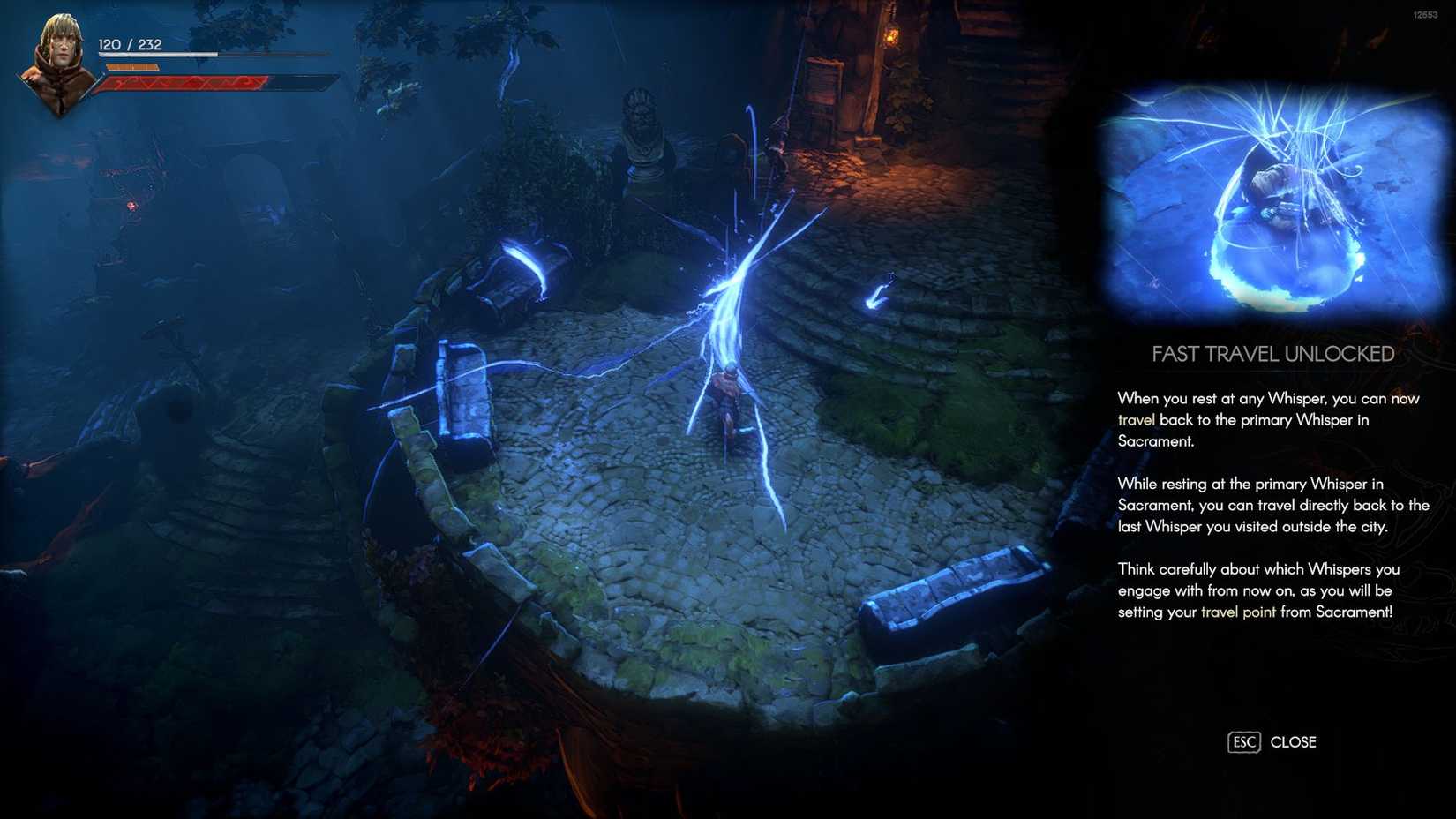 A player interacting with a Whisper to fast-travel in No Rest For The Wicked