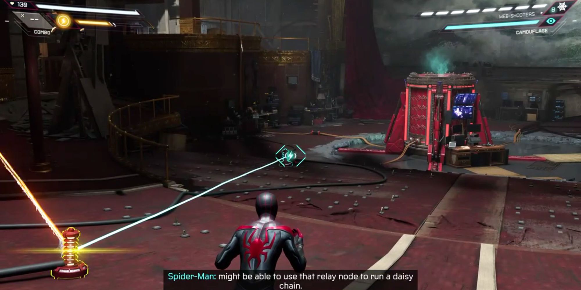 Spider-Man using his webs to conduct electricity in Spider-Man: Miles Morales