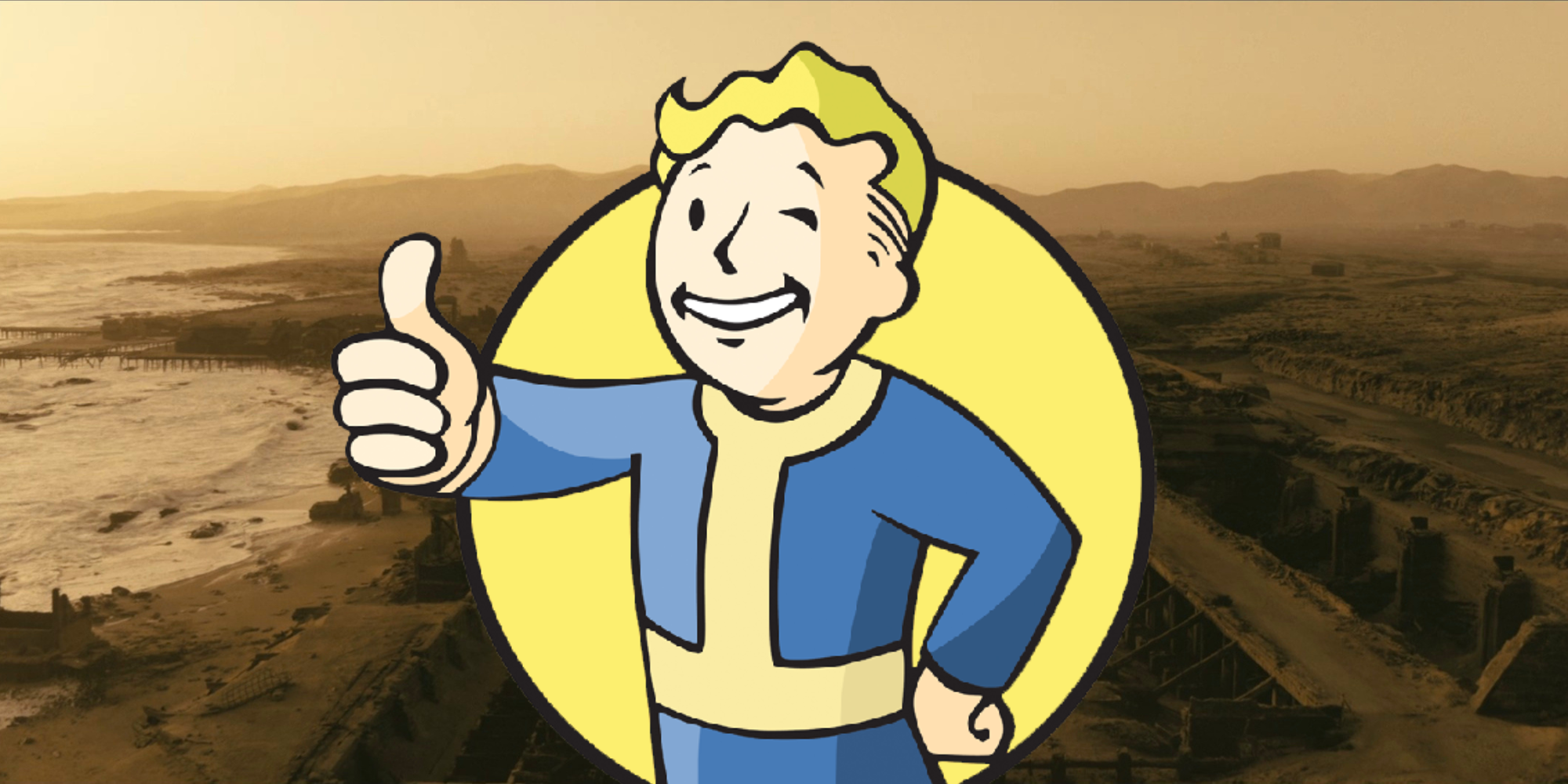 A feature image of Pip Boy logo from Fallout with wastelands in the background