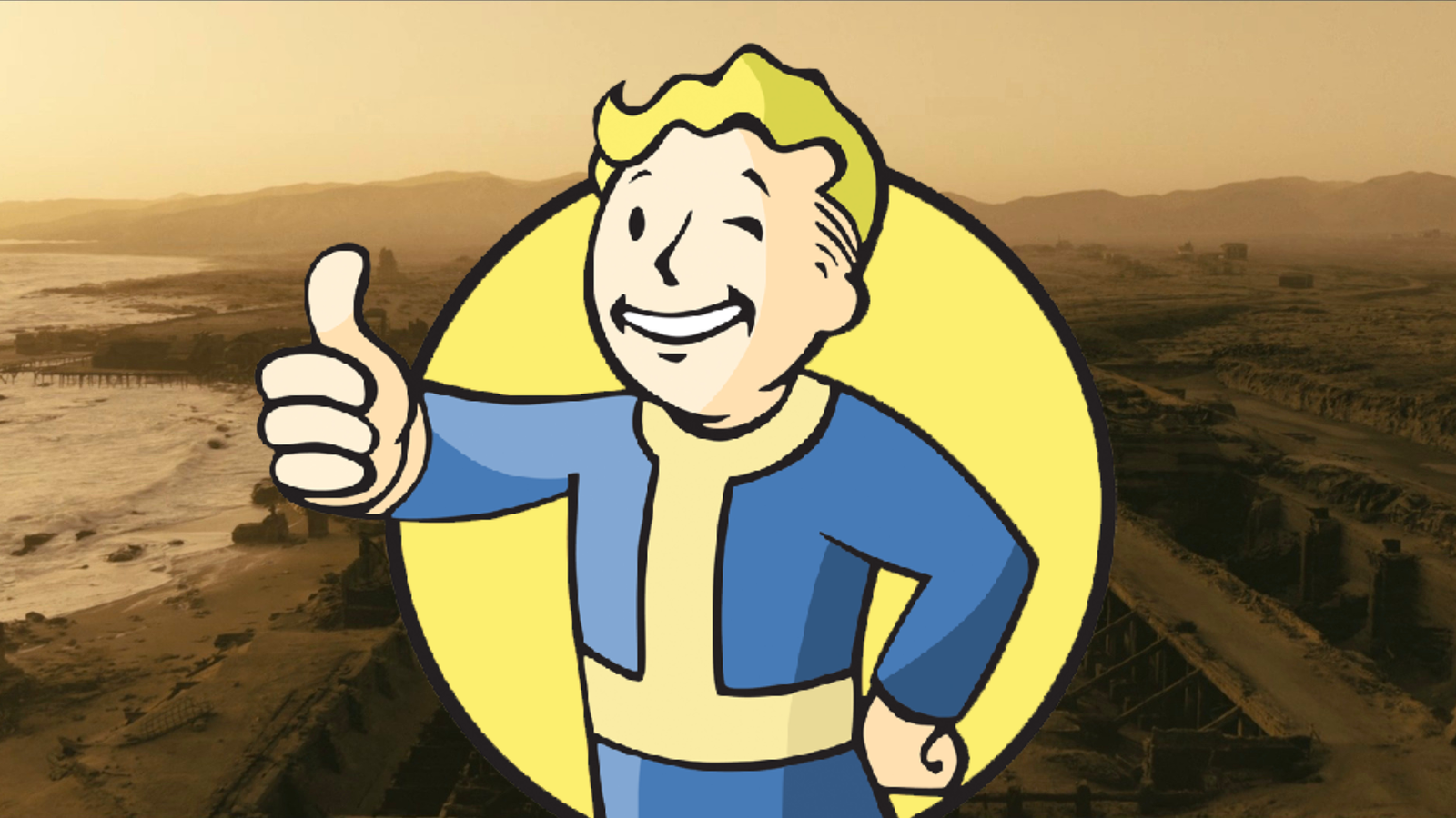 A feature image of Pip Boy logo from Fallout with wastelands in the background