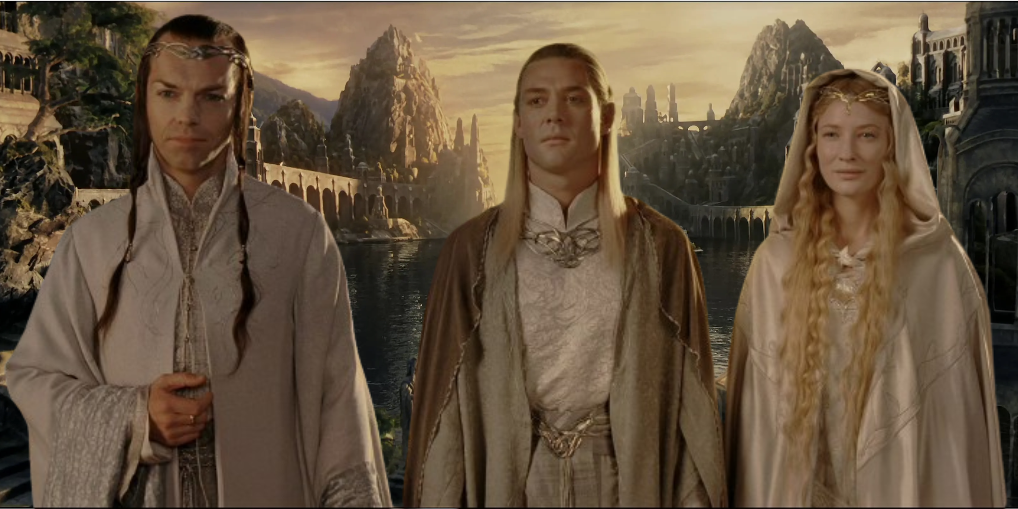 LOTR: Elrond, Celeborn, Galadriel standing in front of Grey Havens background