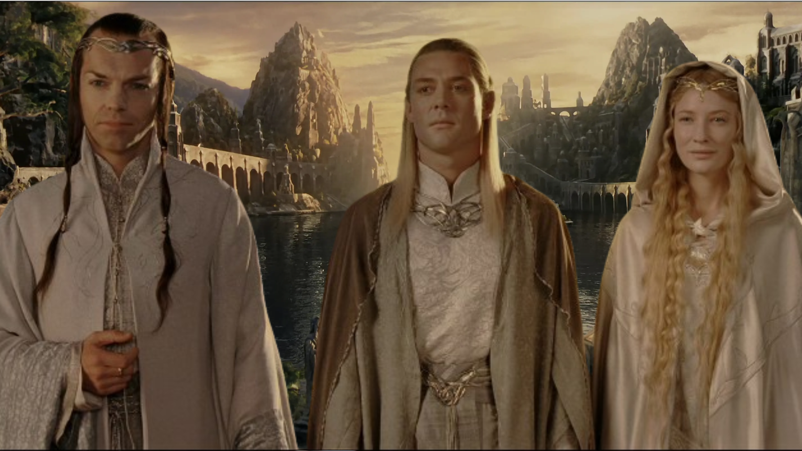 LOTR: Elrond, Celeborn, Galadriel standing in front of Grey Havens background