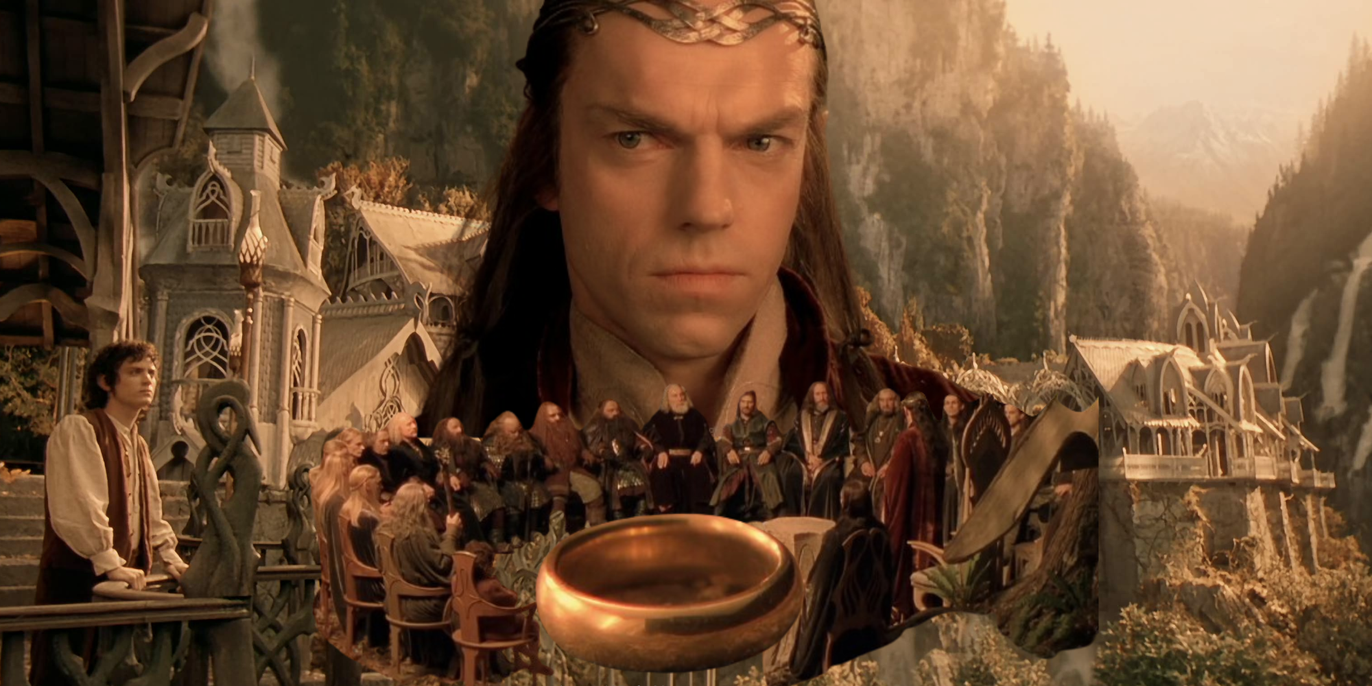 Feature image with Elrond, the council, Frodo, and the One Ring