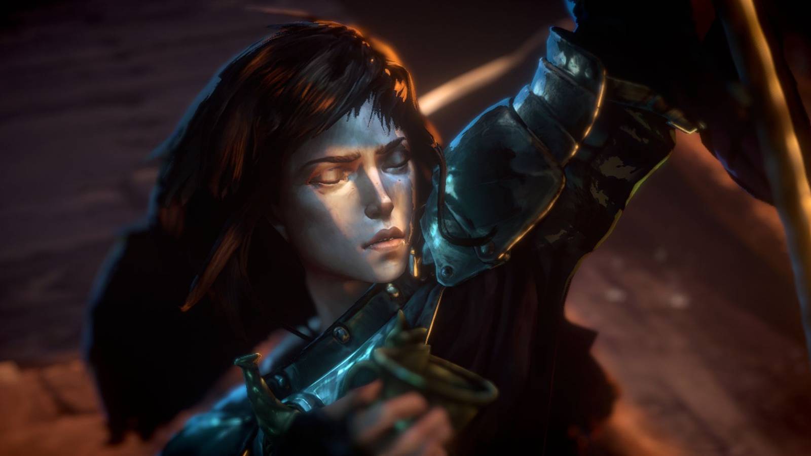 One of the main characters in No Rest For The Wicked with her eyes closed