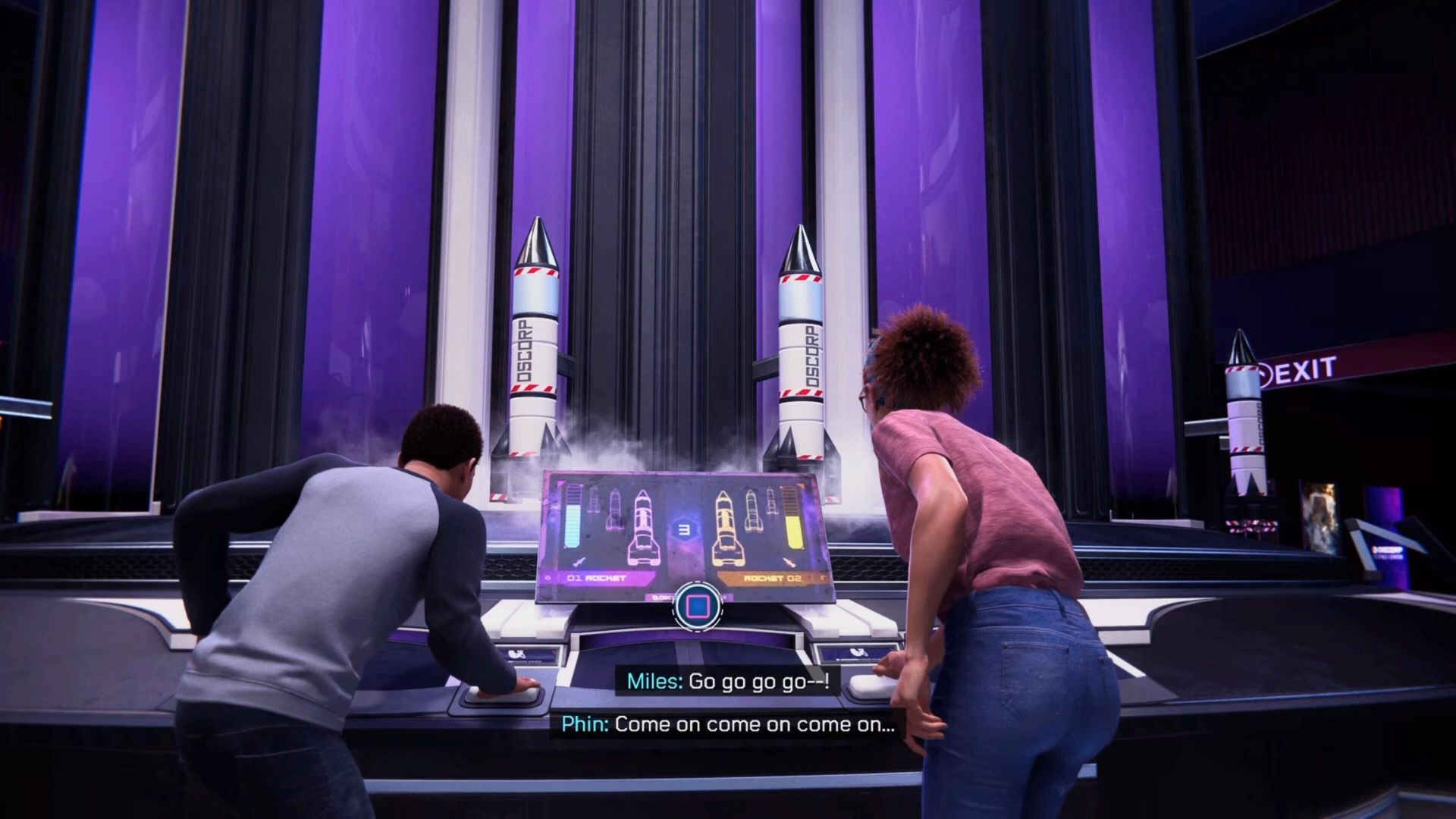 Miles and Phin playing a game in Spider-Man: Miles Morales