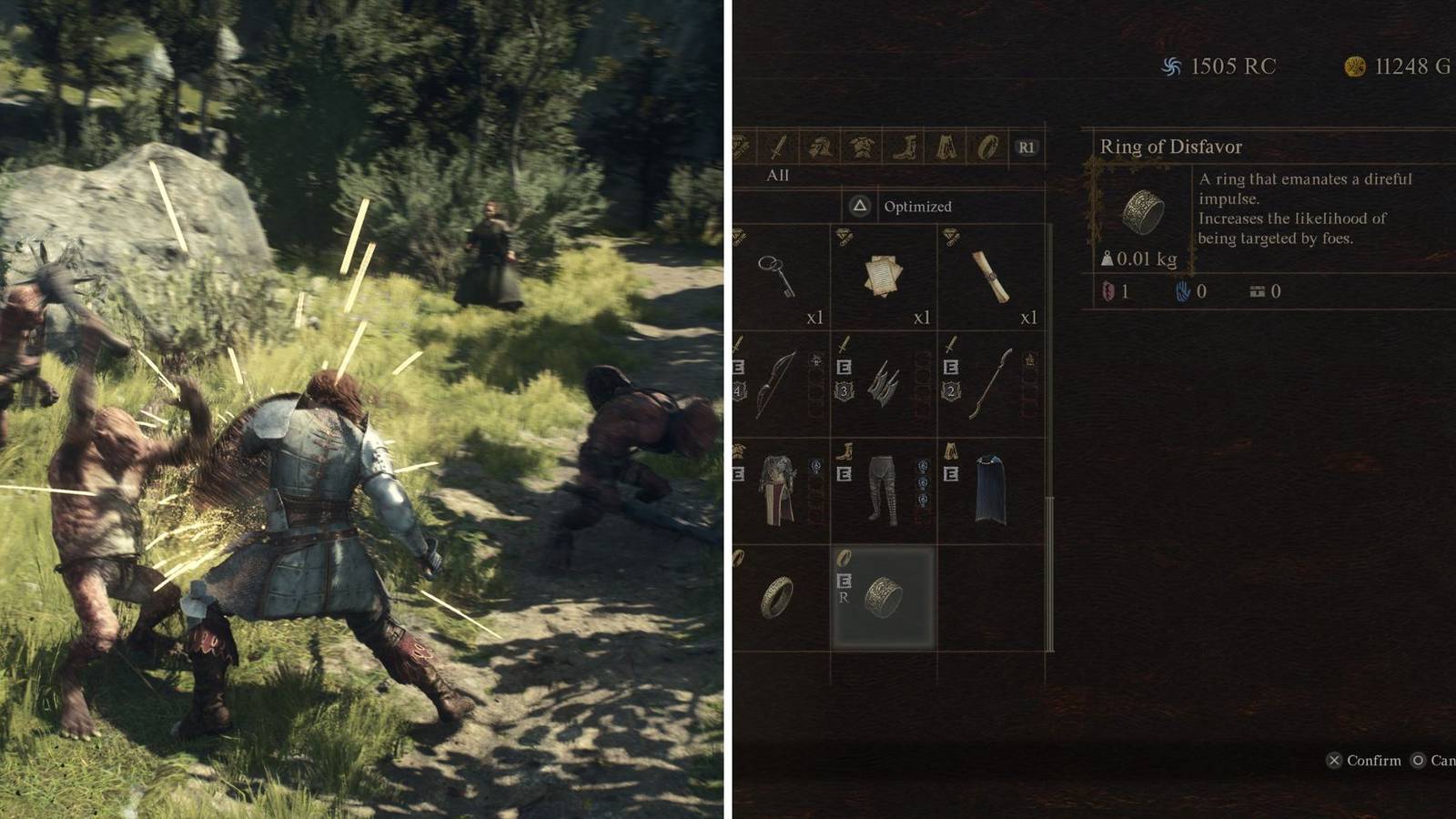 A Fighter Blocking An Attack & The Ring Of Disfavor In The Inventory 