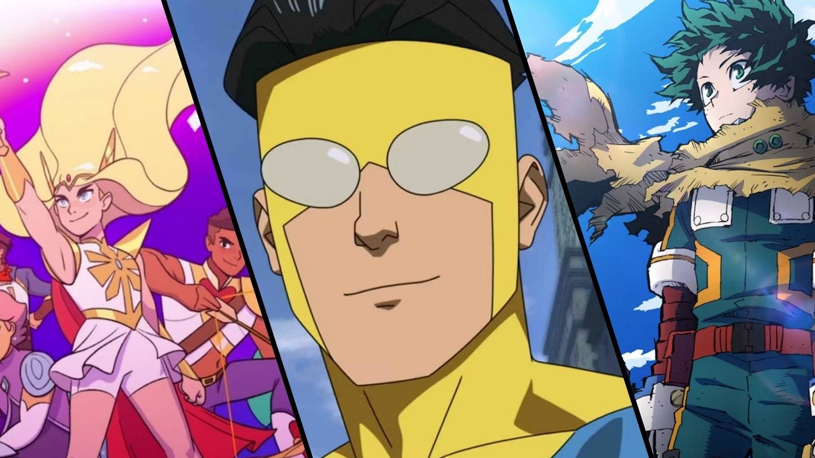 A split image of She-Ra from She-Ra and the Princess of Power, Mark Grayson from Invincible, and Deku from My Hero Academia