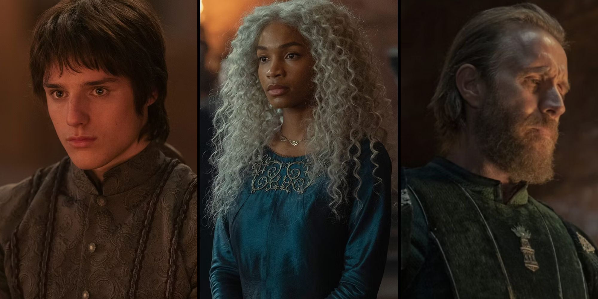 A split image of Jace Velaryon, Lady Baela Targaryen, and Otto Hightower in House of the Dragon