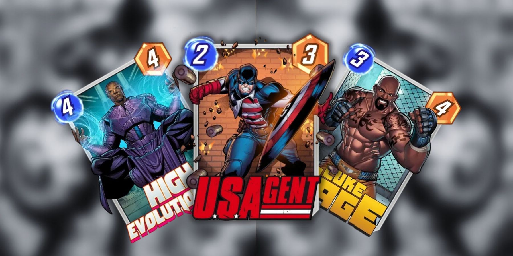 us agent, high evolutionary, and luke cage cards in marvel snap.