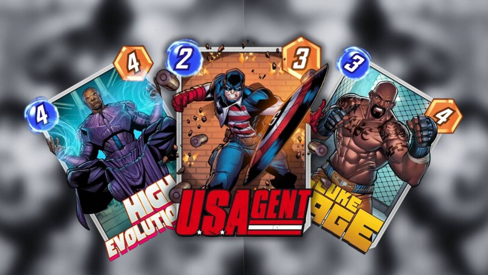 us agent, high evolutionary, and luke cage cards in marvel snap.