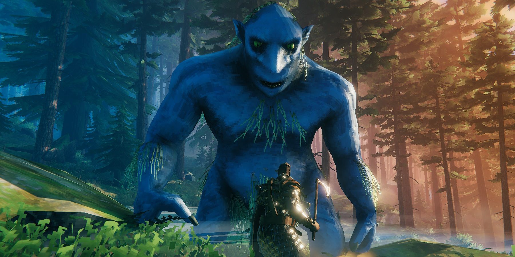 valheim character stands in front of blue troll