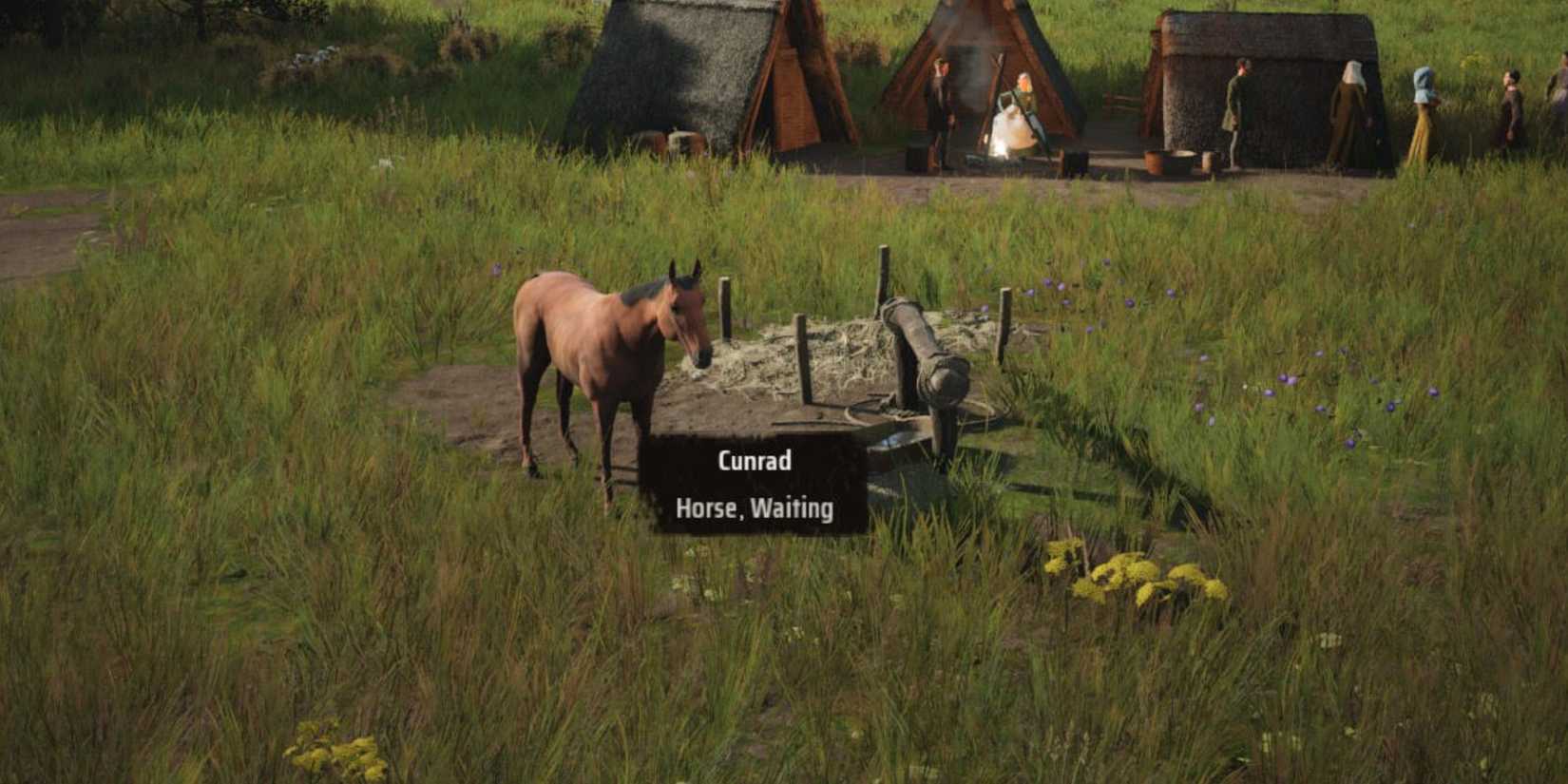A waiting horse in Manor Lords