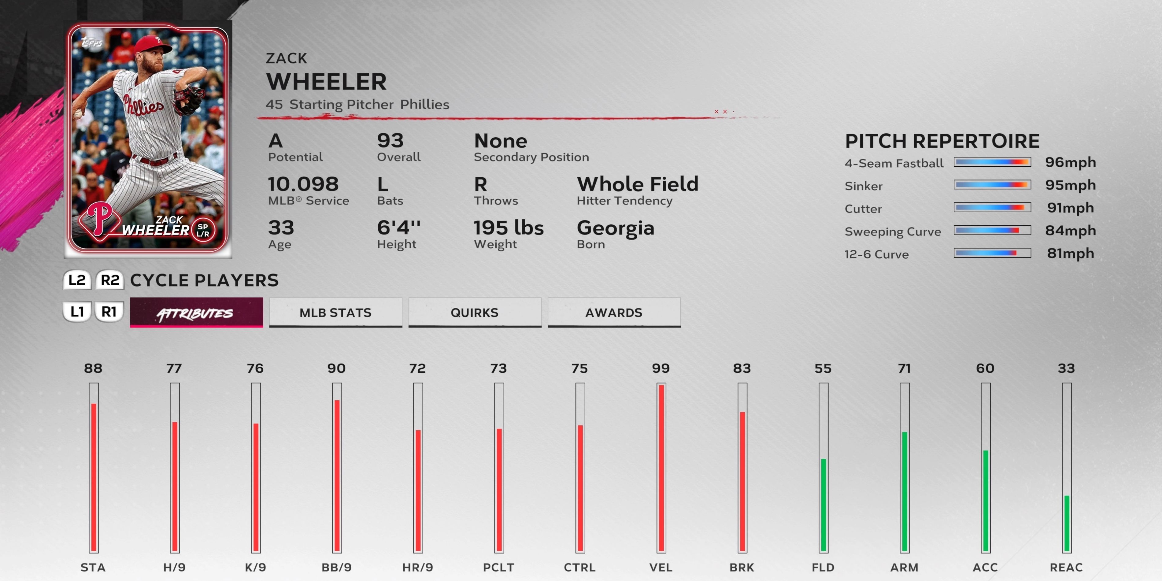 Zack Wheeler, a starting pitcher in MLB The Show 24