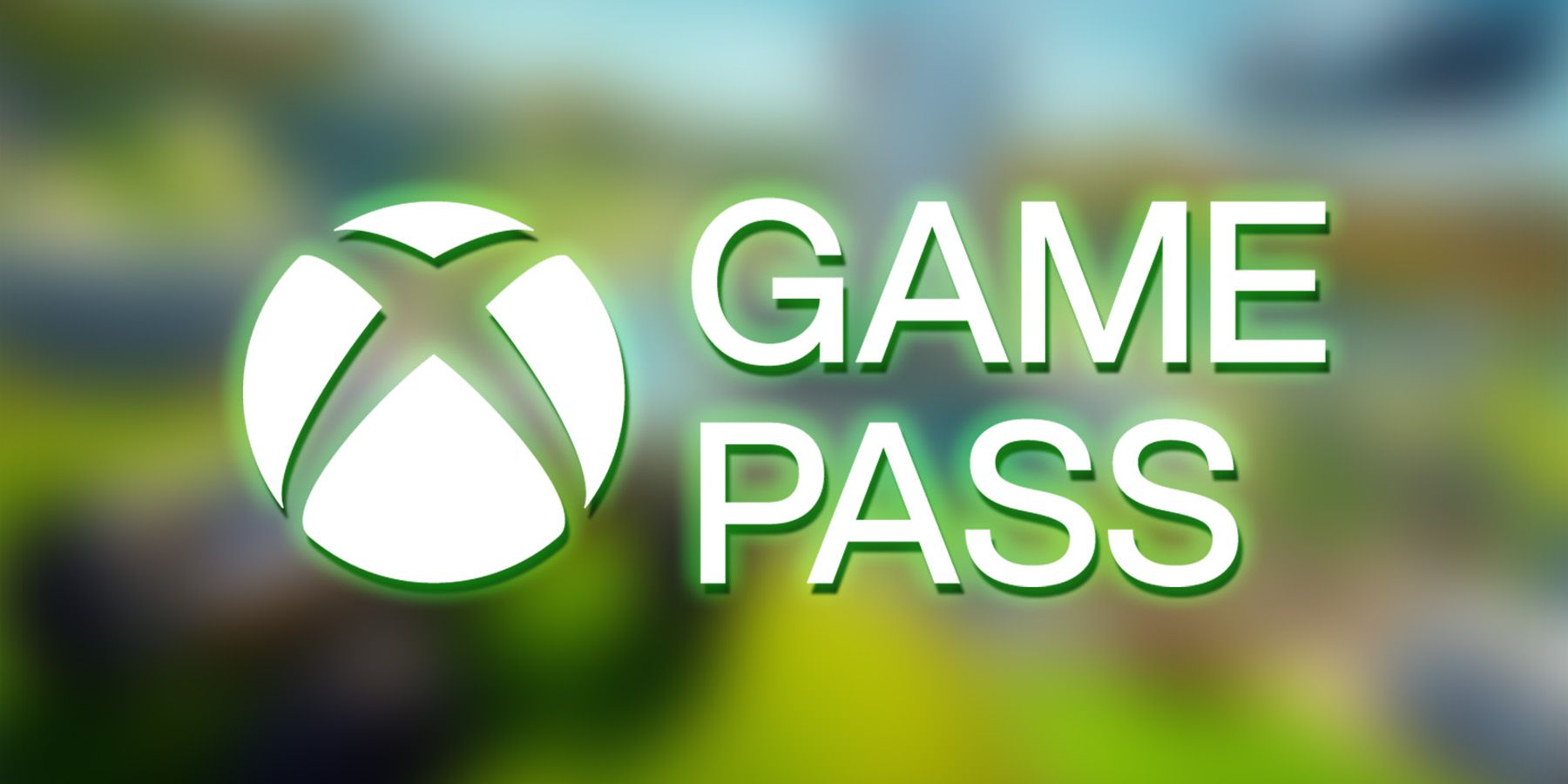 White abridged Xbox Game Pass logo on blurred LEGO 2K Drive valley promo screenshot