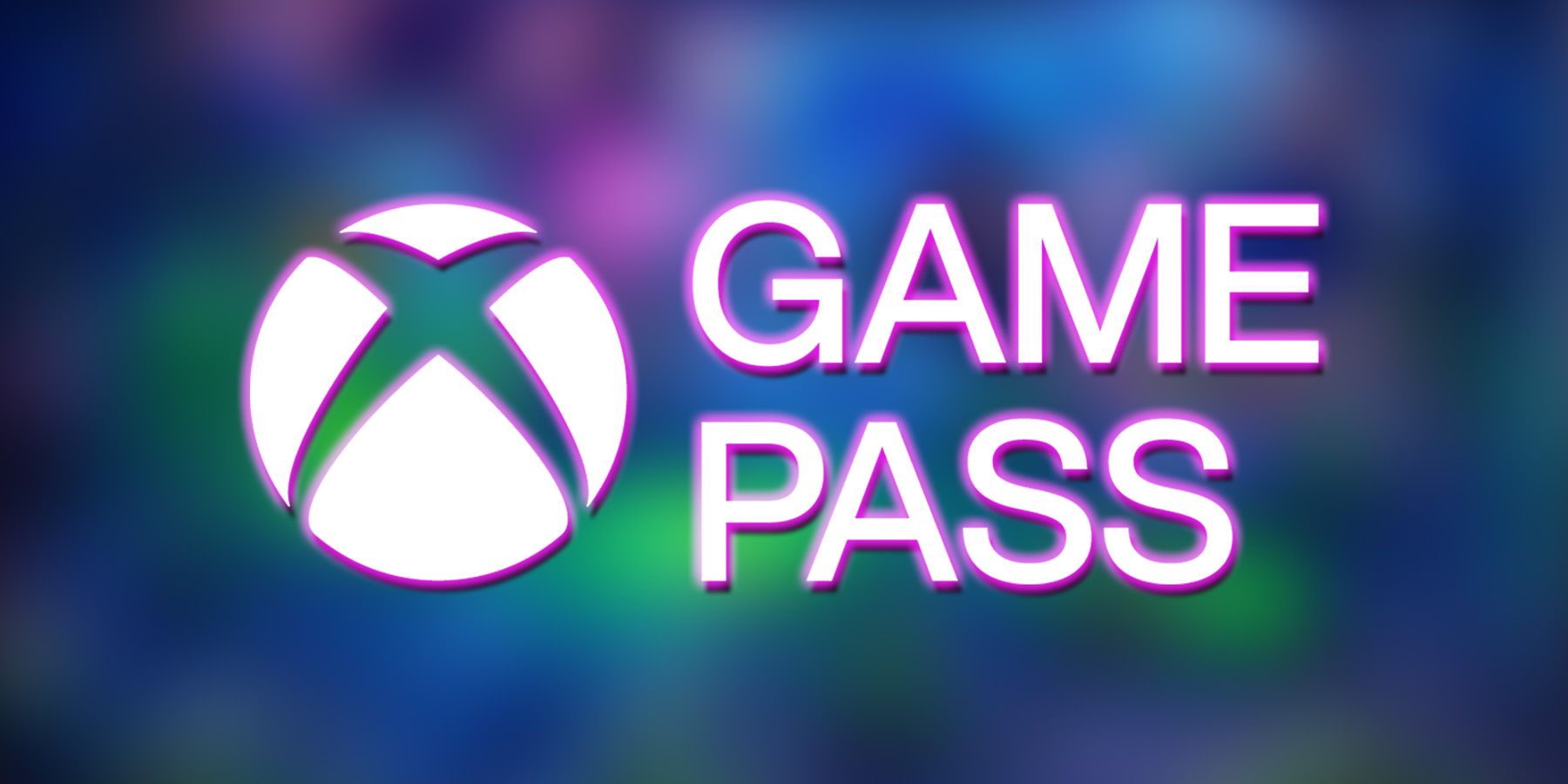 white abridged Xbox Game Pass logo with pink purple glow on blurred Orcs Must Die 3 promo screenshot