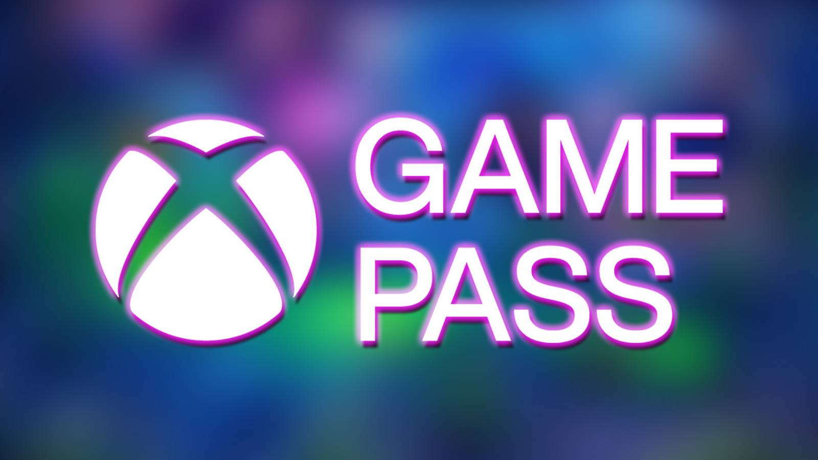 white abridged Xbox Game Pass logo with pink purple glow on blurred Orcs Must Die 3 promo screenshot