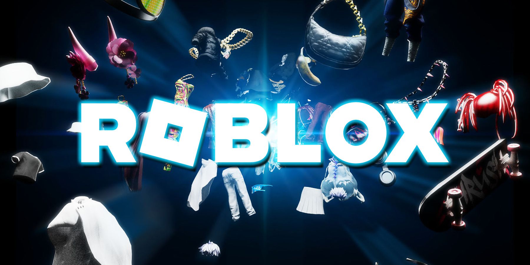 white Roblox logo over in-game Marketplace avatar items composite