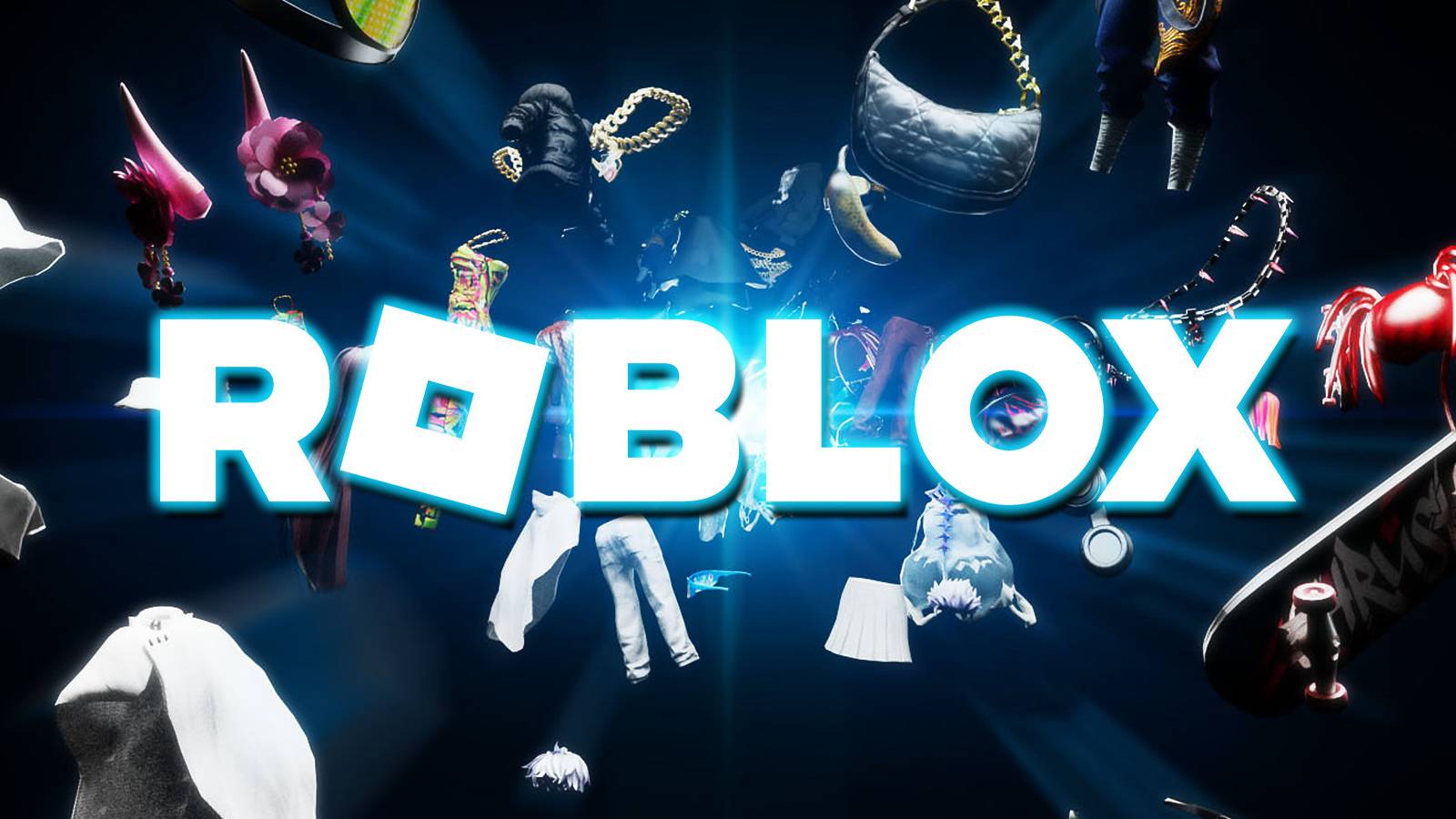 white Roblox logo over in-game Marketplace avatar items composite