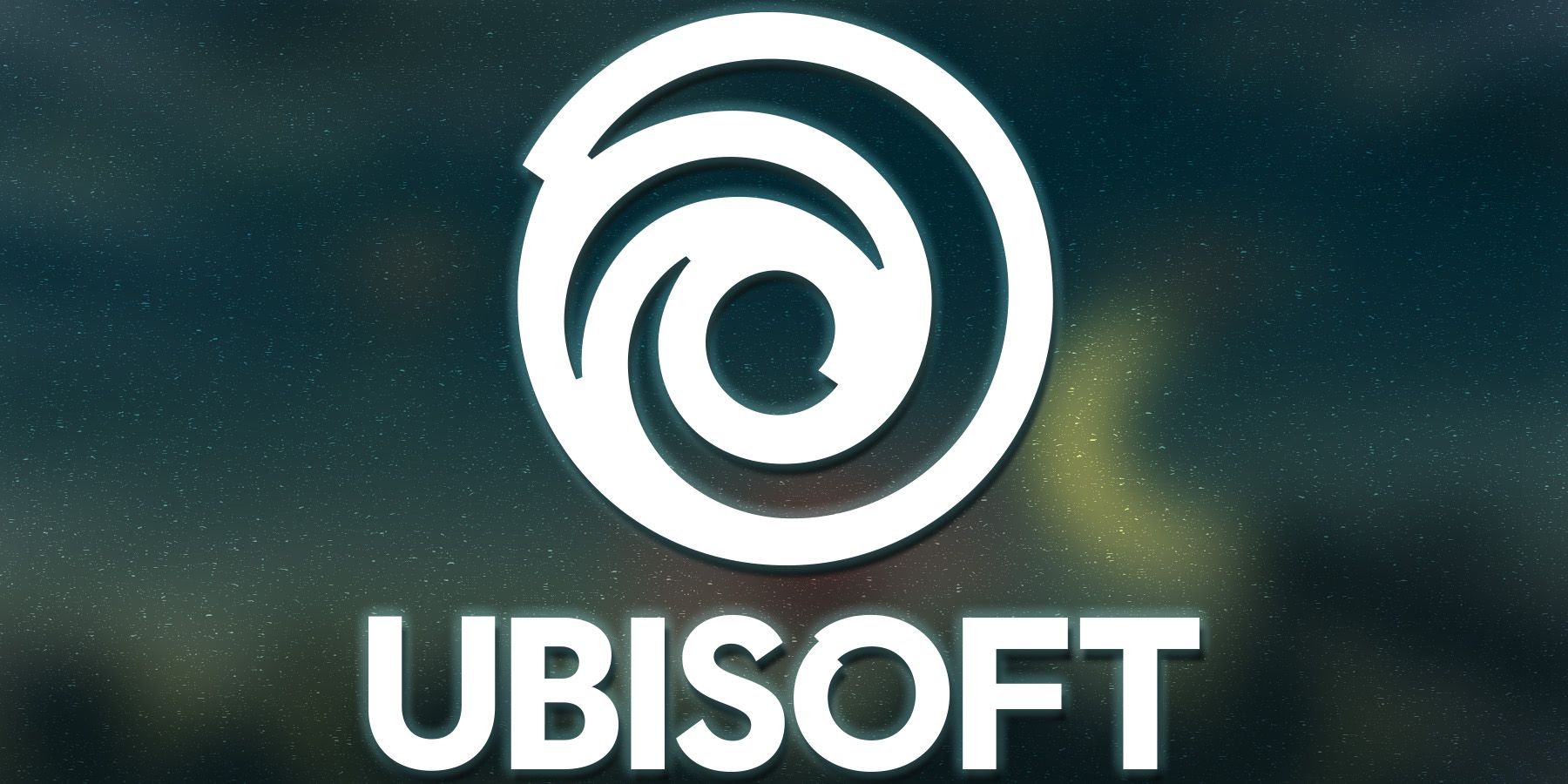 White Ubisoft logo with dark teal outer glow on blurred Valiant Hearts Coming Home screenshot