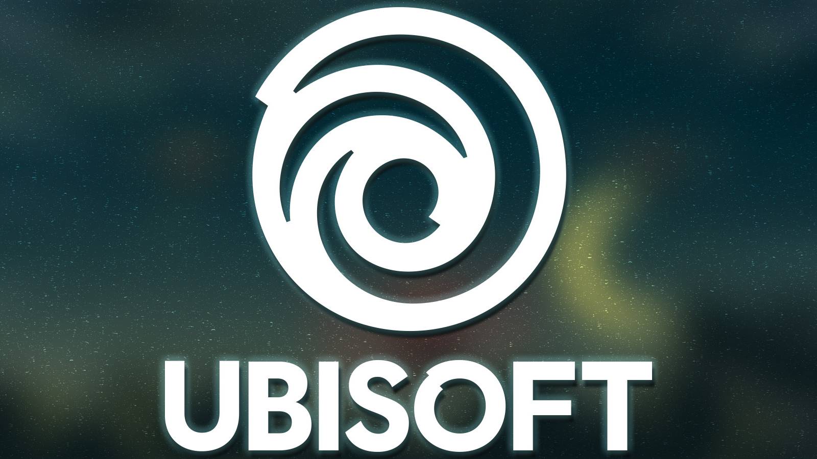 White Ubisoft logo with dark teal outer glow on blurred Valiant Hearts Coming Home screenshot