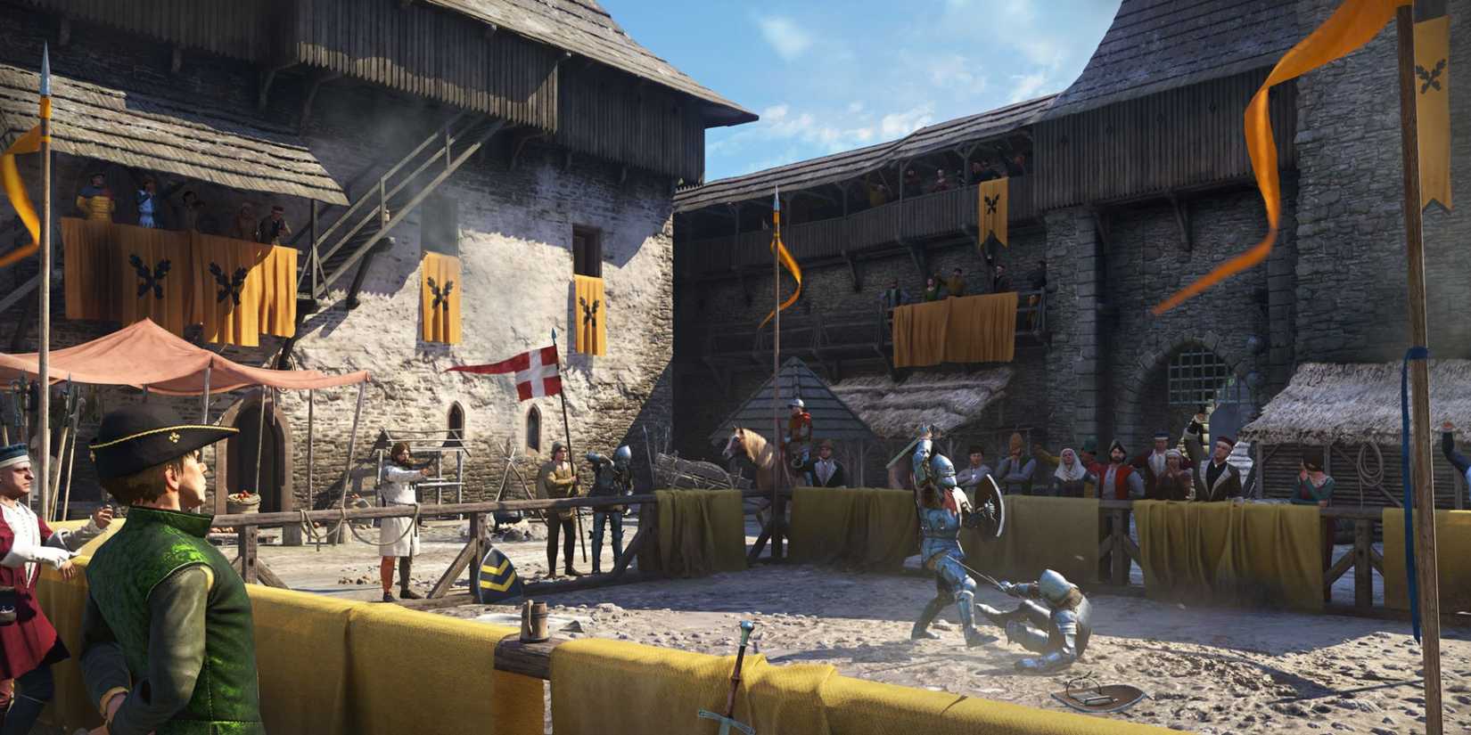 A group of NPCs watching a battle in Kingdom Come: Deliverance.