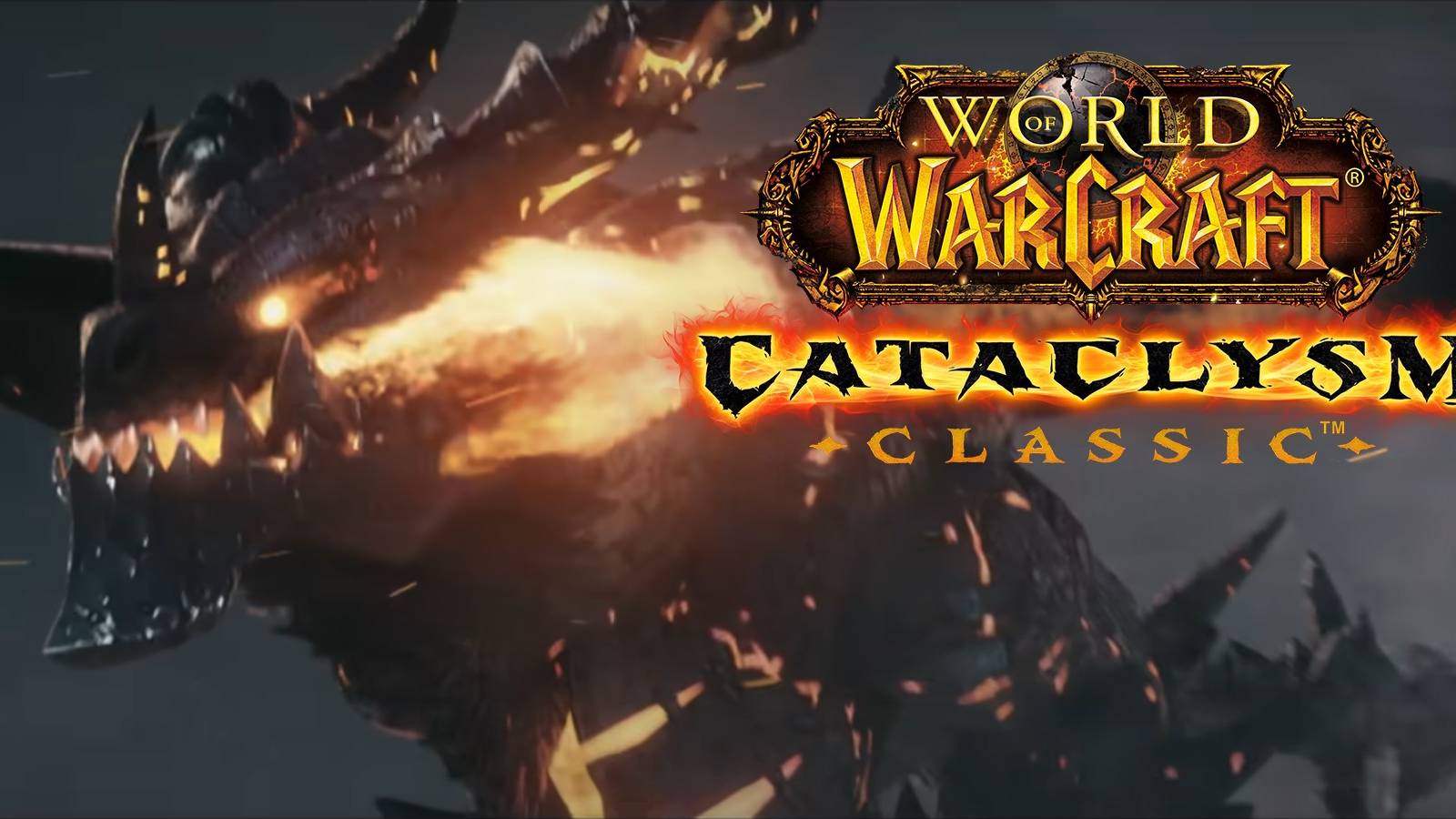 deathwing from the hurricane wow cata classic trailer with the logo over him