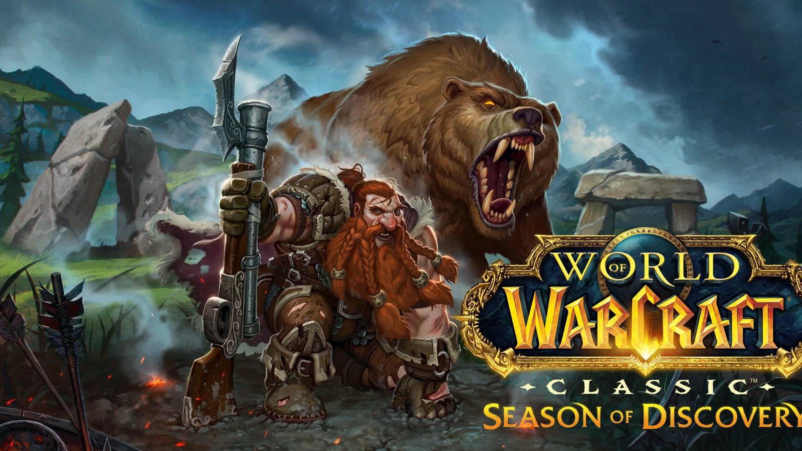 a dwarf from wow with a bear pet next to the wow classic sod logo