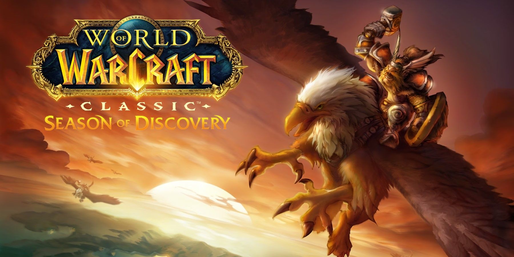 a dwarf riding a gryphon over the sunset with the wow classic sod logo