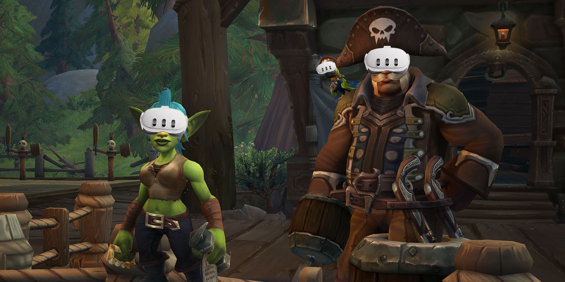 World of Warcraft Dragonflight Plunderstorm characters wearing Oculus Quest 3 VR headset composite
