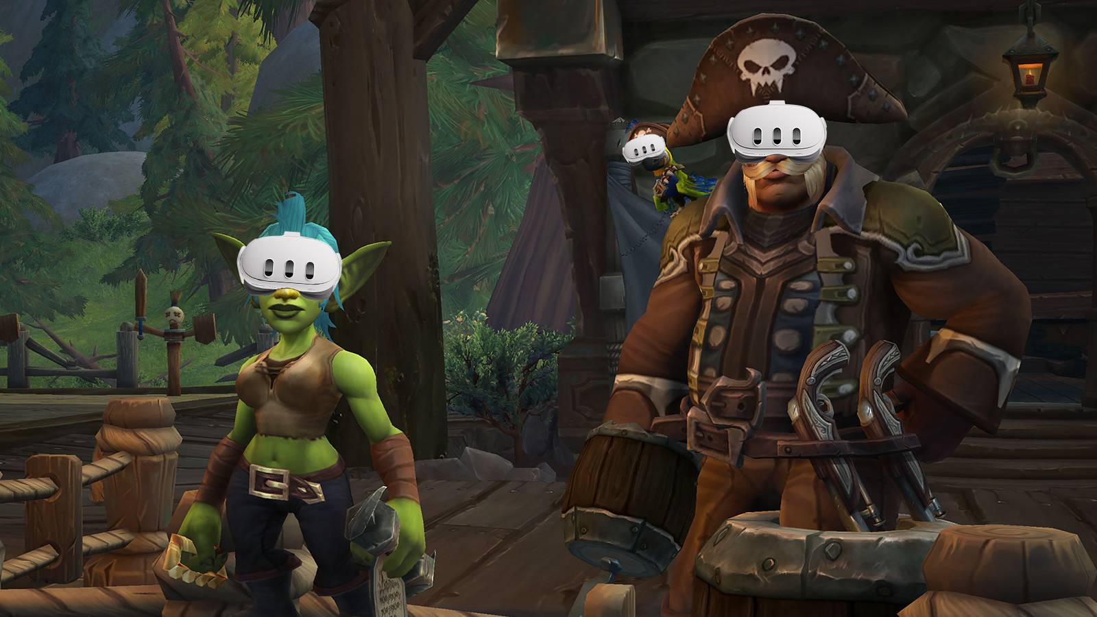World of Warcraft Dragonflight Plunderstorm characters wearing Oculus Quest 3 VR headset composite