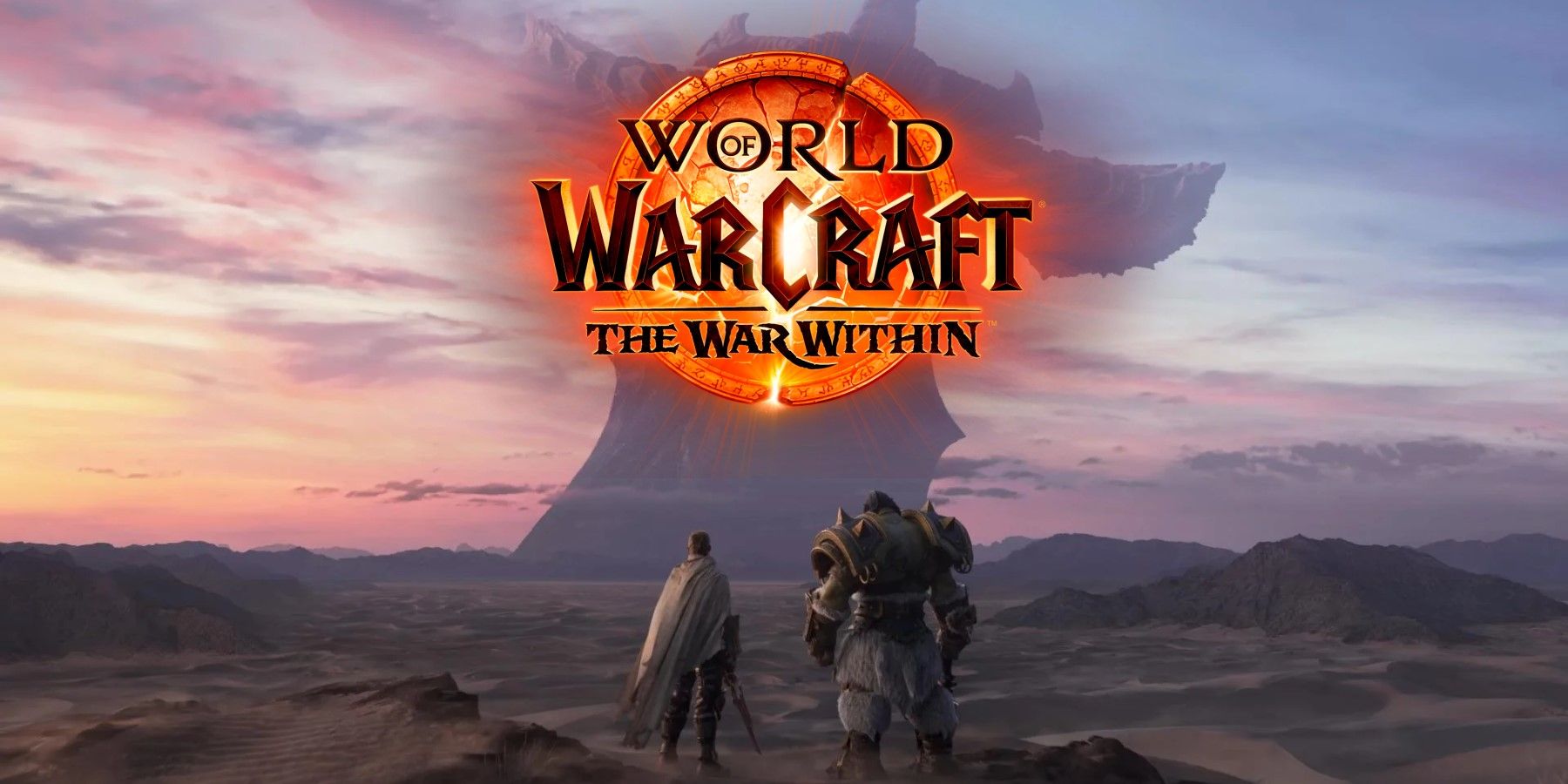thrall and anduin looking at sargeras's sword with the war within logo in front of it wow