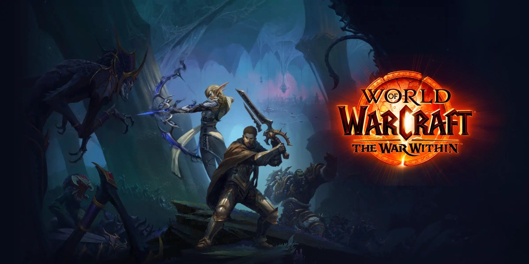 alleria anduin and thrall fighting nerubians next to the war within wow logo