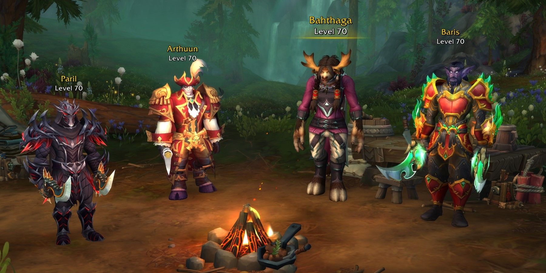 four wow characters around a campfire on the warbands preview screen